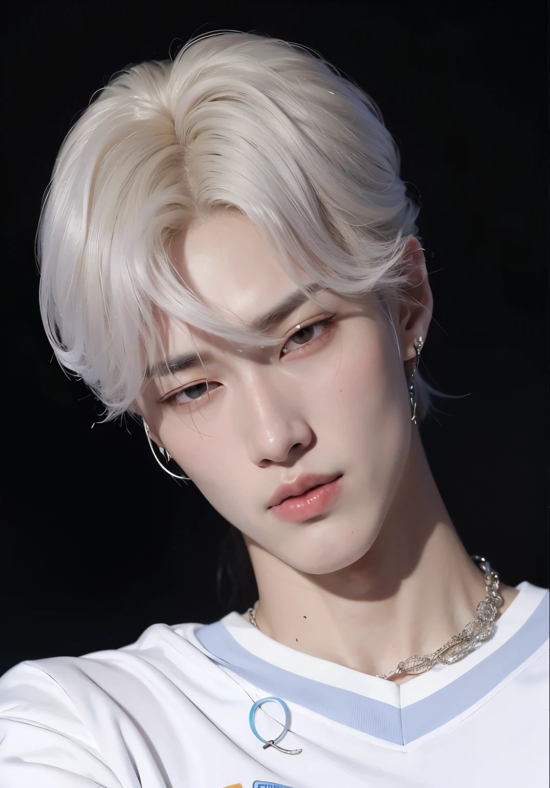 un primer plano de una persona con una camisa blanca y una cadena, Cai Xukun, Jung Jaehyun, XQC, Kim Doyoung, Yanjun Chengt, Sakimichan, inspirado por Bian Shoumin, Hyung Tae, Ulzzang masculino, Taejune Kim, con el mismo peinado, Inspirado por Jeonseok Lee, Jinyoung Shin, con pelo largo blanco