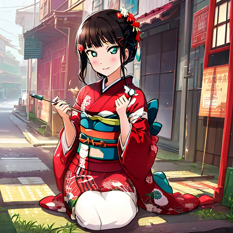 {Best Quality}, {very aesthetic}, {Ultra-detailed}, {Best Illustration}, japanese kimono, red kimono, In the street, A dark-haired