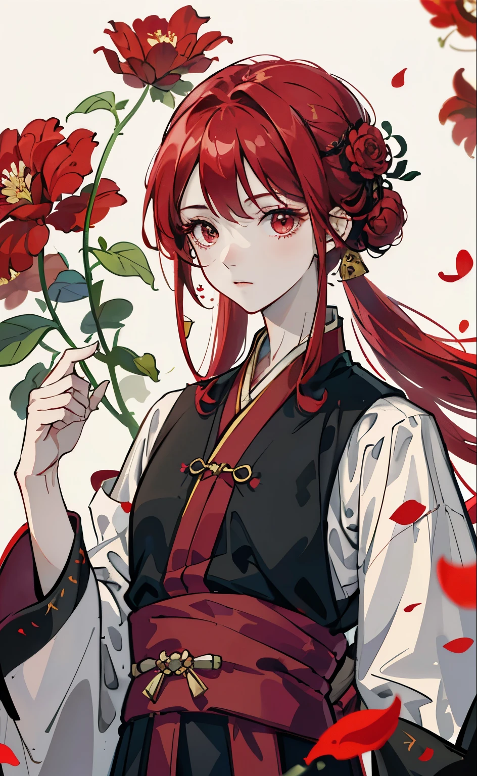 Chicas maduras、color de pelo rojo sin ojos、cabello flotante、ojos delicados y flexibles、intrincado hanfu de damasco、Accesorios de lujo、Usando areteOV、f / 1.8、obra maestra、flower petals flying