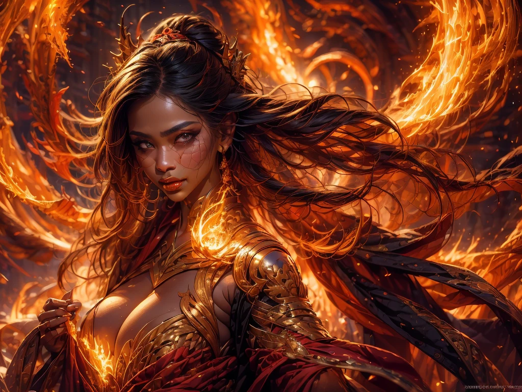 (masterpiece, top quality, best quality, official art, beautiful and aesthetic:1.2), (1girl:1.3), extreme detailed,(fractal art:1.3),colorful, highest detailed, (very dark skin), (golden lips, black eyes), (light painting :1.3), (auto-destructive art :1.3)
