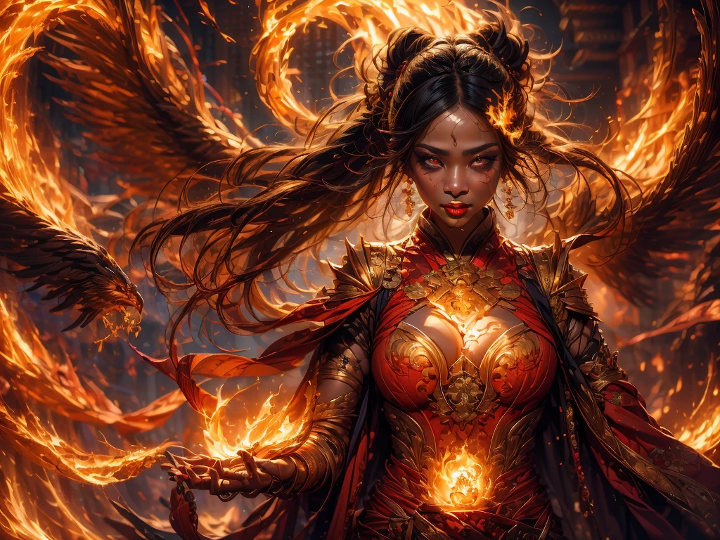 (masterpiece, top quality, best quality, official art, beautiful and aesthetic:1.2), (1girl:1.3), extreme detailed,(fractal art:1.3),colorful, highest detailed, (very dark skin), (golden lips, black eyes), (light painting :1.3), (auto-destructive art :1.3)