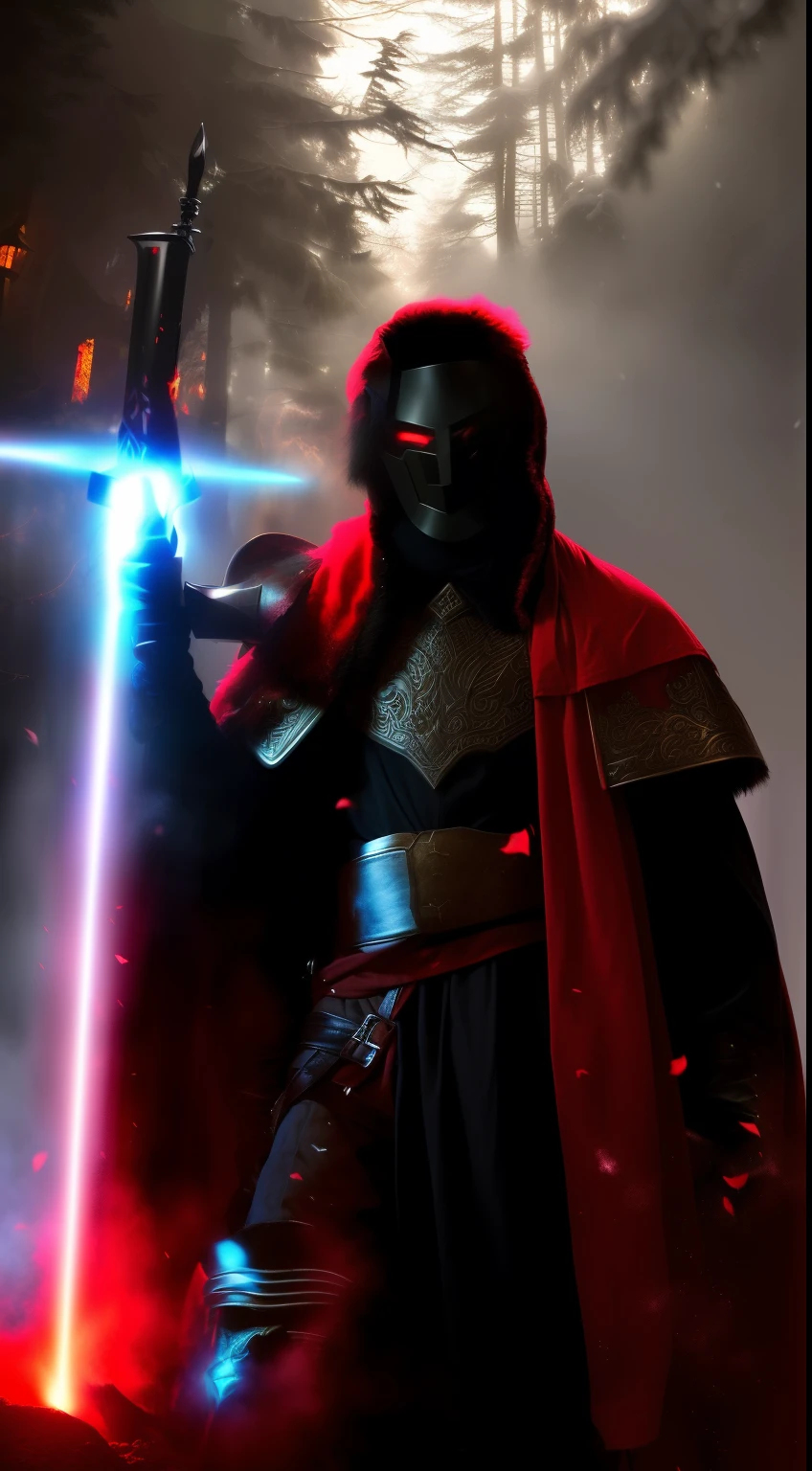 Cavaleiro Negro ajoelhadom, with his red glowing Great Sword embedded in the ground, with your mask on the floor, em uma floresta com neve