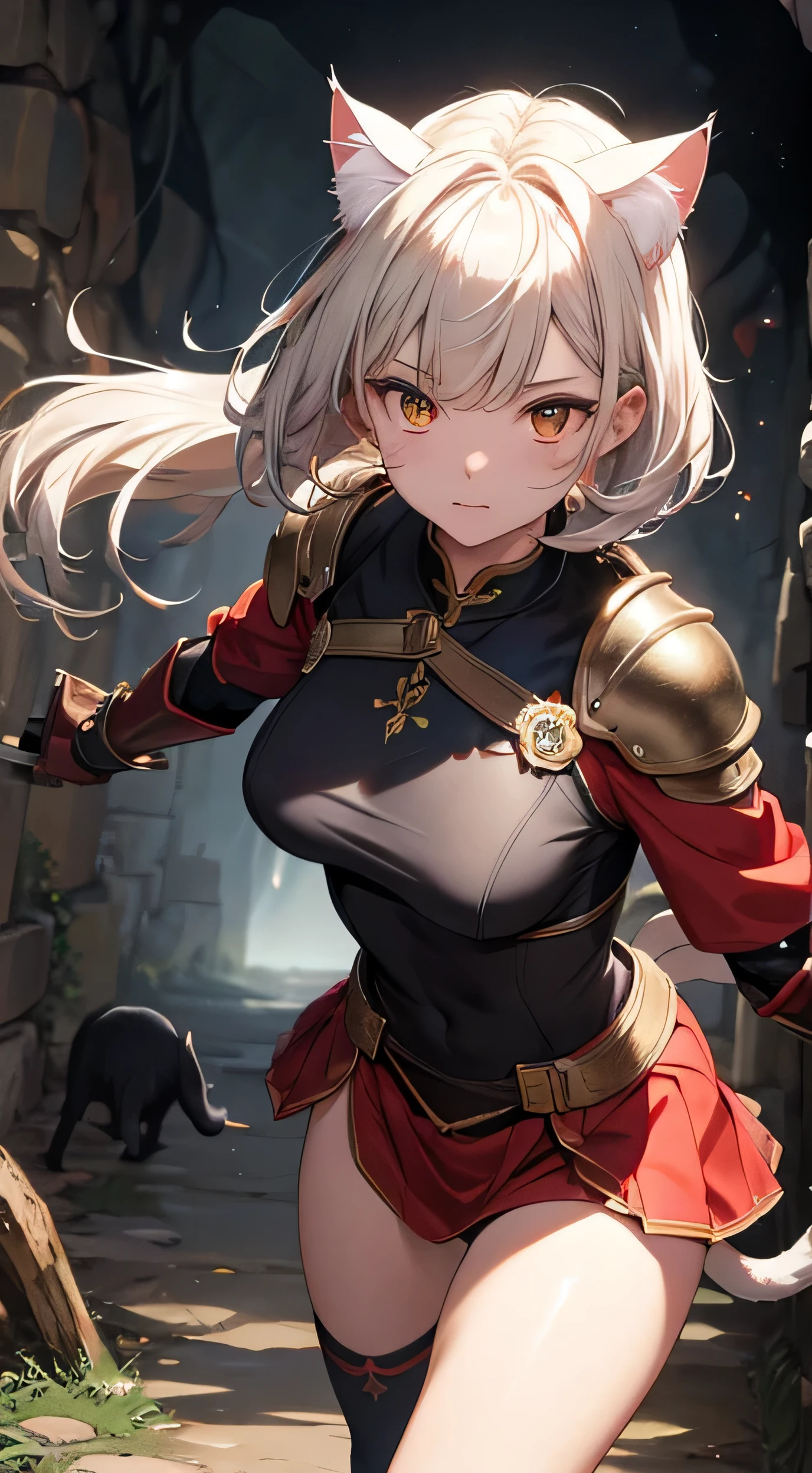 beautiful detail한 소녀, Combat posture, Attacking stance, Clear and beautiful, radiant skin, girls, femele, young, 20yo, bobbed hair, short-hair, beautiful detail hair, Light shining directly on your face, ((mongolian armor, Costume point color red, Yellow, Innocent style without skin exposure)) beautiful detail, tiny boobs, Very good 8KCG wallpapers, very fine 8K CG wallpaper, watercolor (medium), female warrior, (((cat ear ))), (((Underground dungeons, underground cave))), With a knife in your hand, sword swing action, training with sword, Lights shining right in front of you