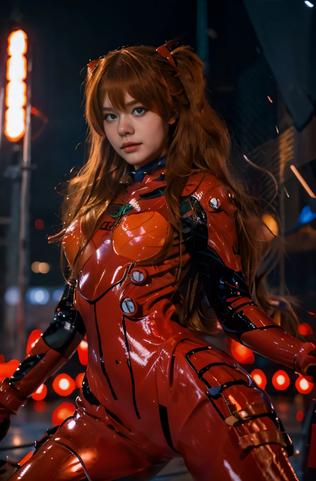 (best quality), high resolution, Asuka Langley Soryu, Beautiful Pretty Mixed German Babe, ((beautiful face)), sexy lips, Gingers Twin tails headband long Hair, intense gaze, dark blue detailed beautiful eyes, combine realism and anime influence, red plugsuit,