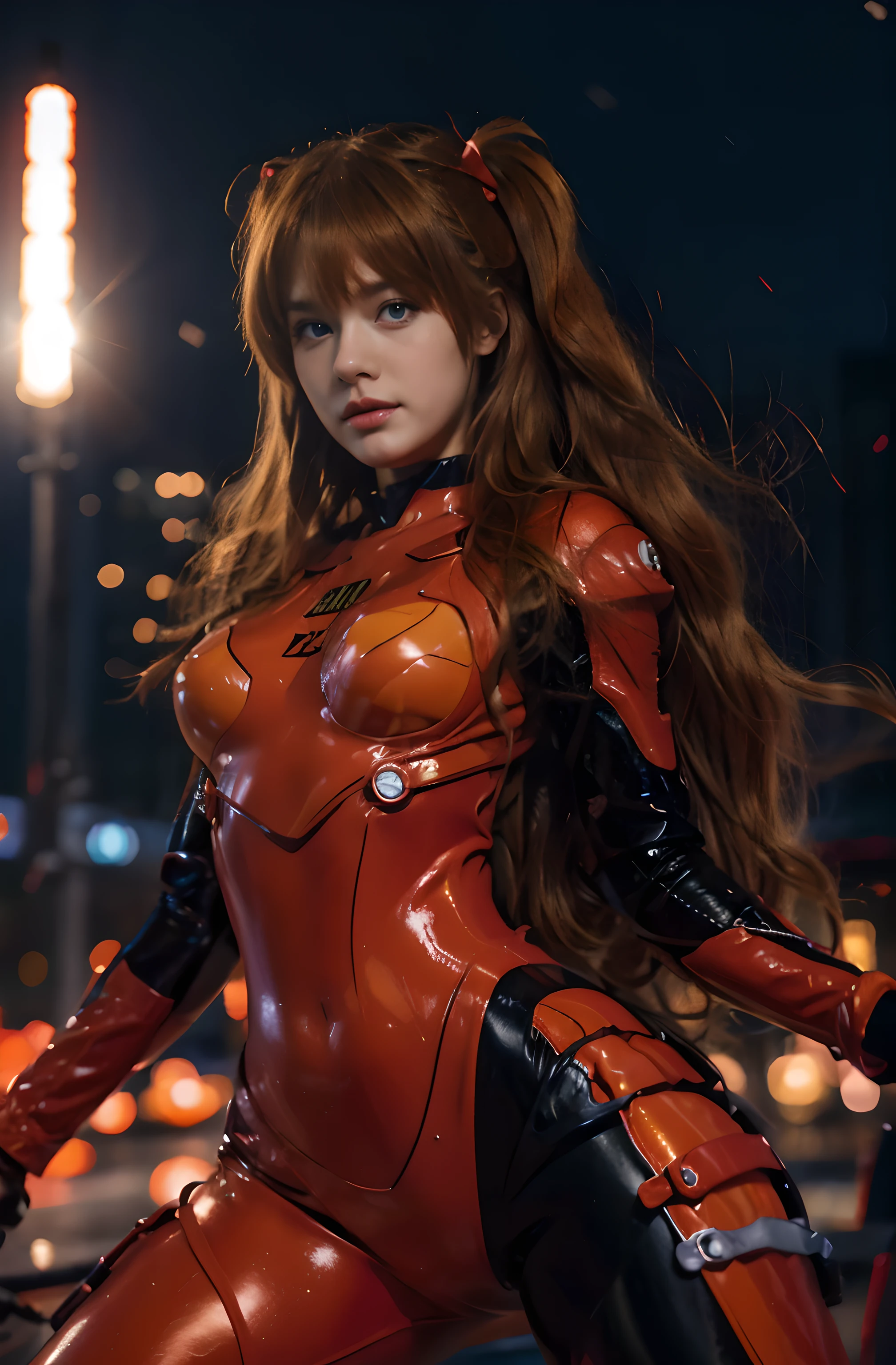 (best quality), high resolution, Asuka Langley Soryu, Beautiful Pretty Mixed German Babe, ((beautiful face)), sexy lips, Gingers Twin tails headband long Hair, intense gaze, dark blue detailed beautiful eyes, combine realism and anime influence, red plugsuit,