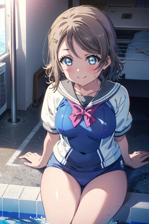 (((pixel perfect, Detail Perfect))), Solo, 1girl in, Watanabe, bowtie, Looking at Viewer, A smile,Happy atmosphere,Competitive swimsuit,School swim wear, large full breasts, sitting, break, wet