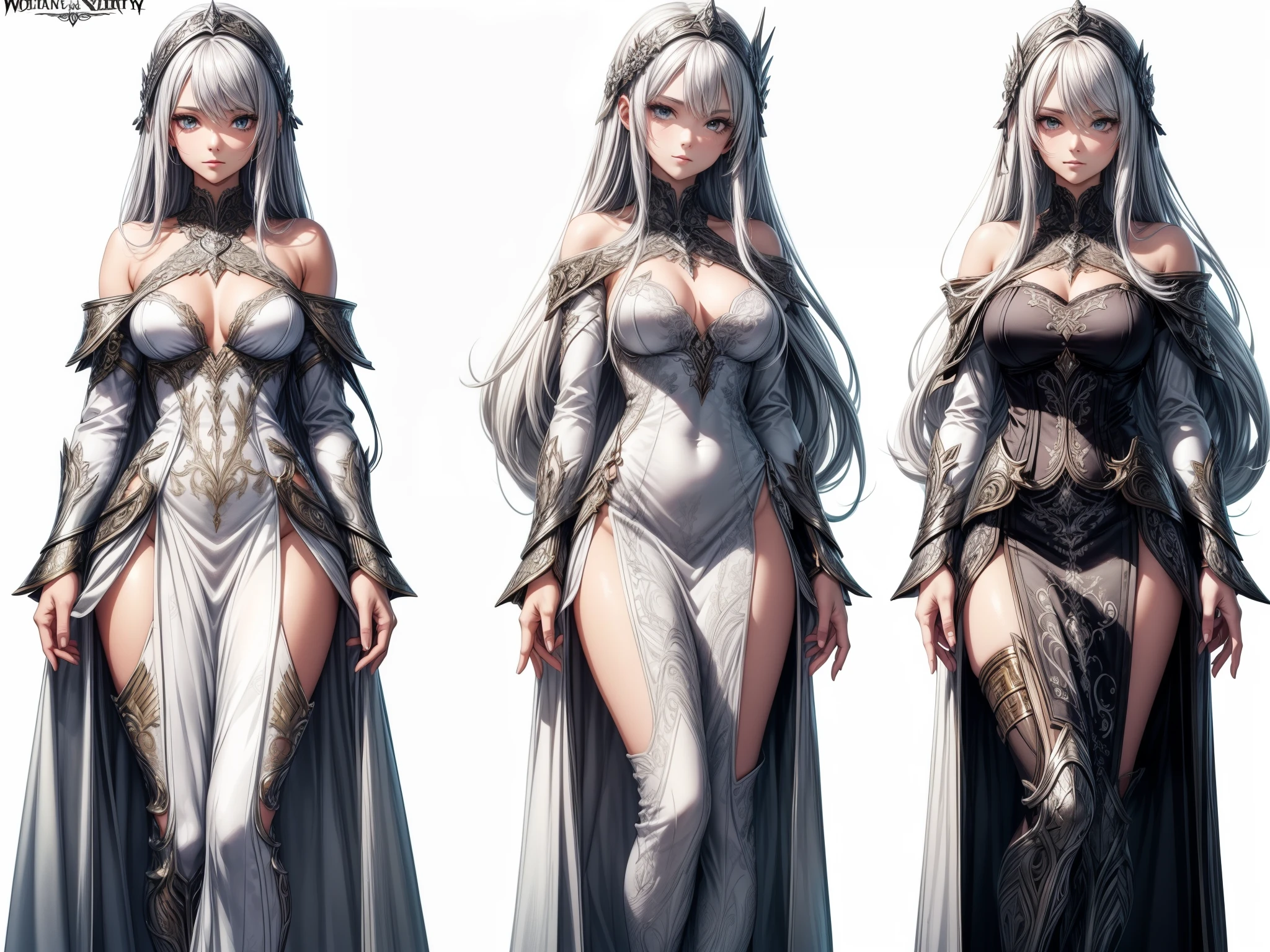 (masterpiece), ultra detailed, 8k, ((A character sheet:1.4)) or reference sketch of a beautiful long silver haired girl, ultra realistic and sharp detail and intricate, intricate details, and style,  background illustration, white flat background,((long silver hair, ((fantasy dark combat dress)), young, slightly small breasts, cute, expressionless