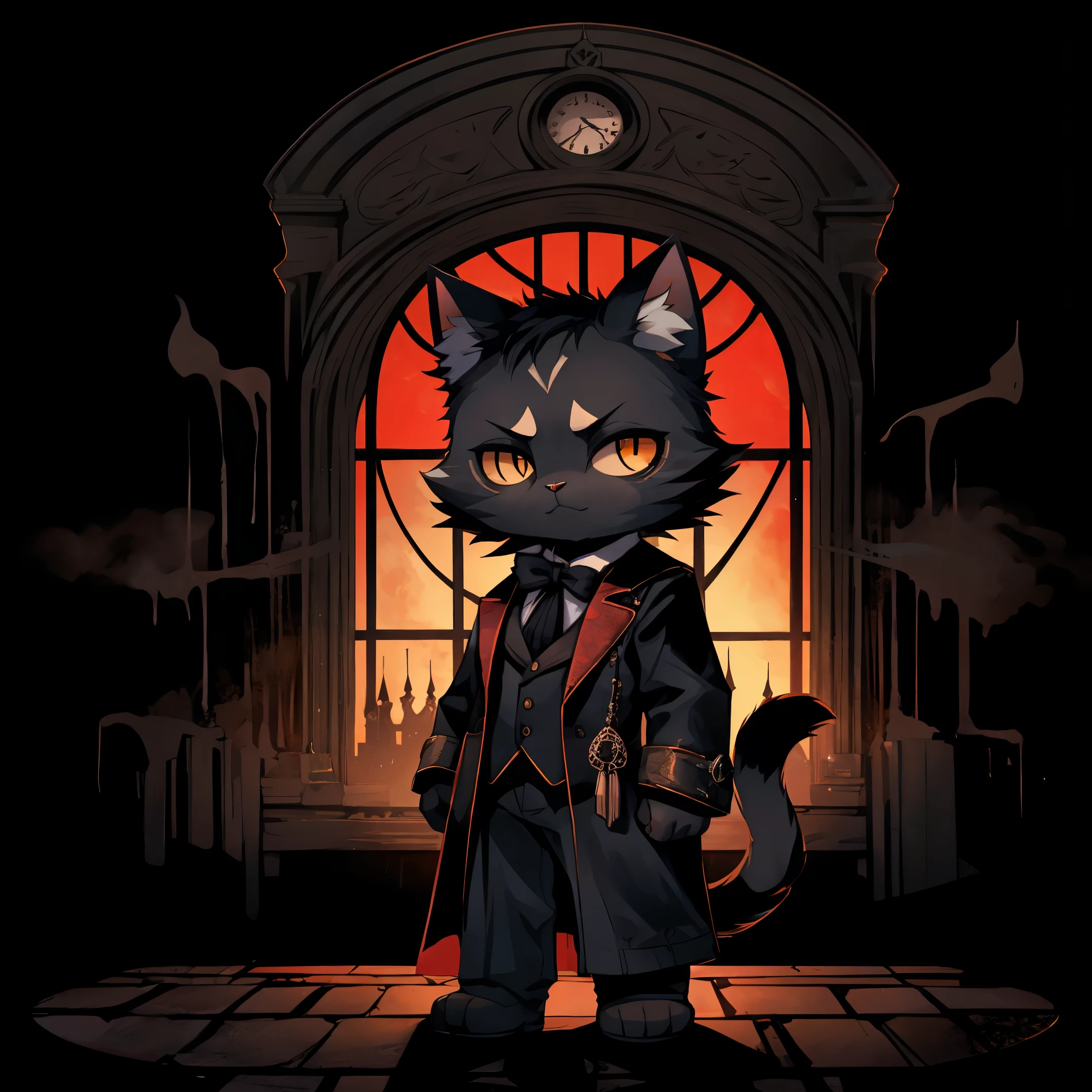 Sad black cat dressed as a black gothic with victorian style, chibi, standing, background dark ambience horror victorian castles, stunning style