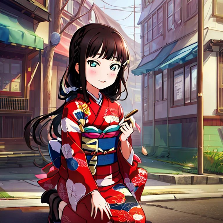 {Best Quality}, {very aesthetic}, {Ultra-detailed}, {Best Illustration}, japanese kimono, red kimono, In the street, A dark-haired