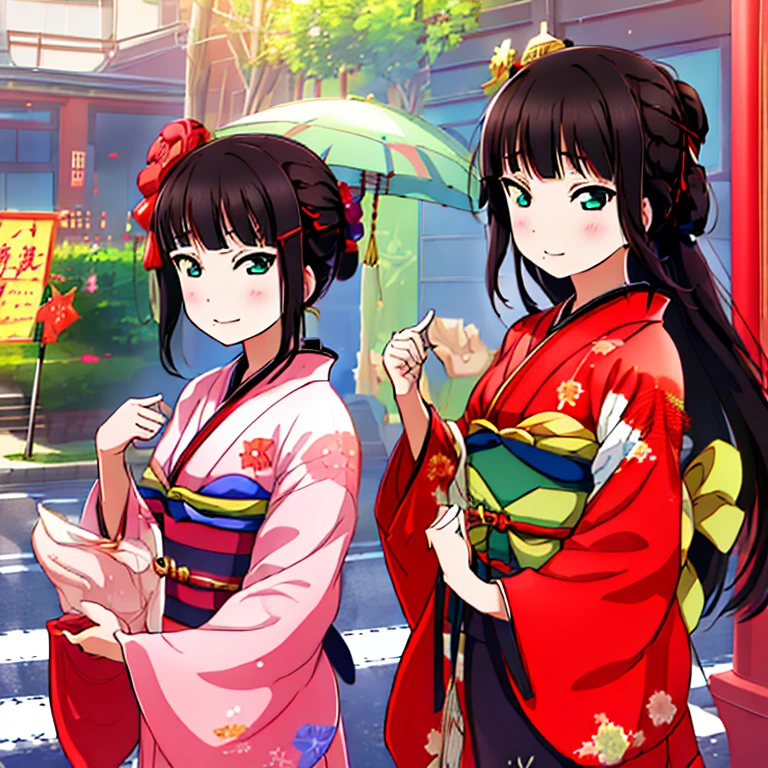 {Best Quality}, {very aesthetic}, {Ultra-detailed}, {Best Illustration}, japanese kimono, red kimono, In the street, A dark-haired