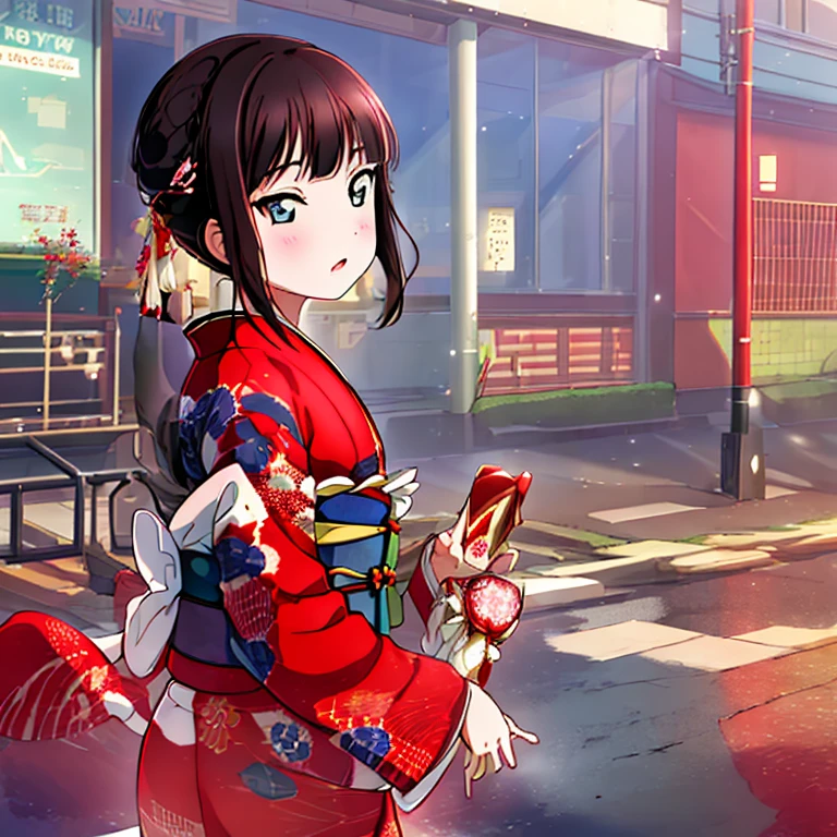 {Best Quality}, {very aesthetic}, {Ultra-detailed}, {Best Illustration}, japanese kimono, red kimono, In the street, A dark-haired