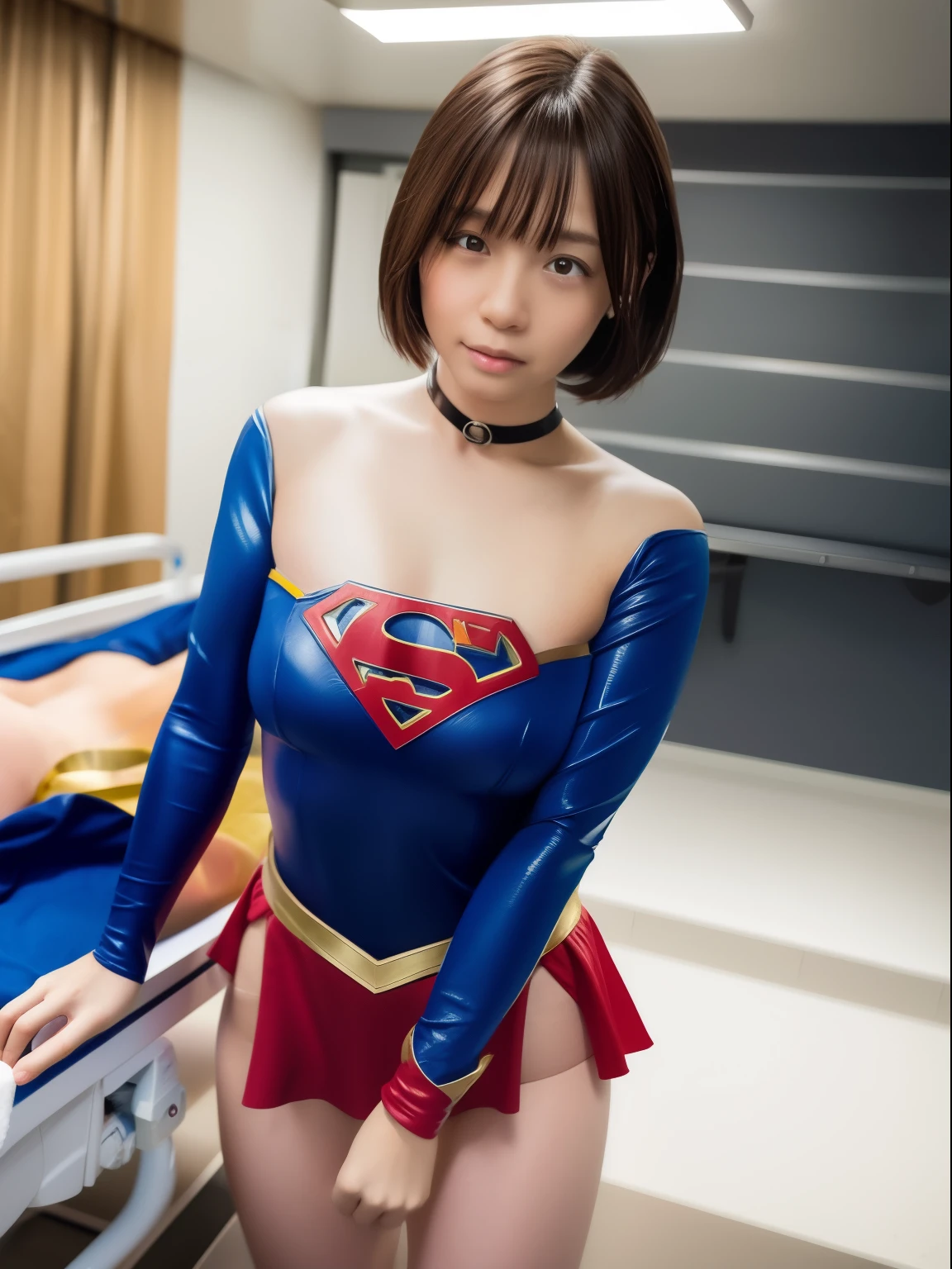 ​masterpiece,Supergirl Costume, short-hair, bare-legged, large full breasts,surgery room、Operating table、straddle、depraved、shiny、Looking at the camera、seduces、estrus、Cowgirl、Trance、Fayue、enjoyment、a choker、long-sleeve