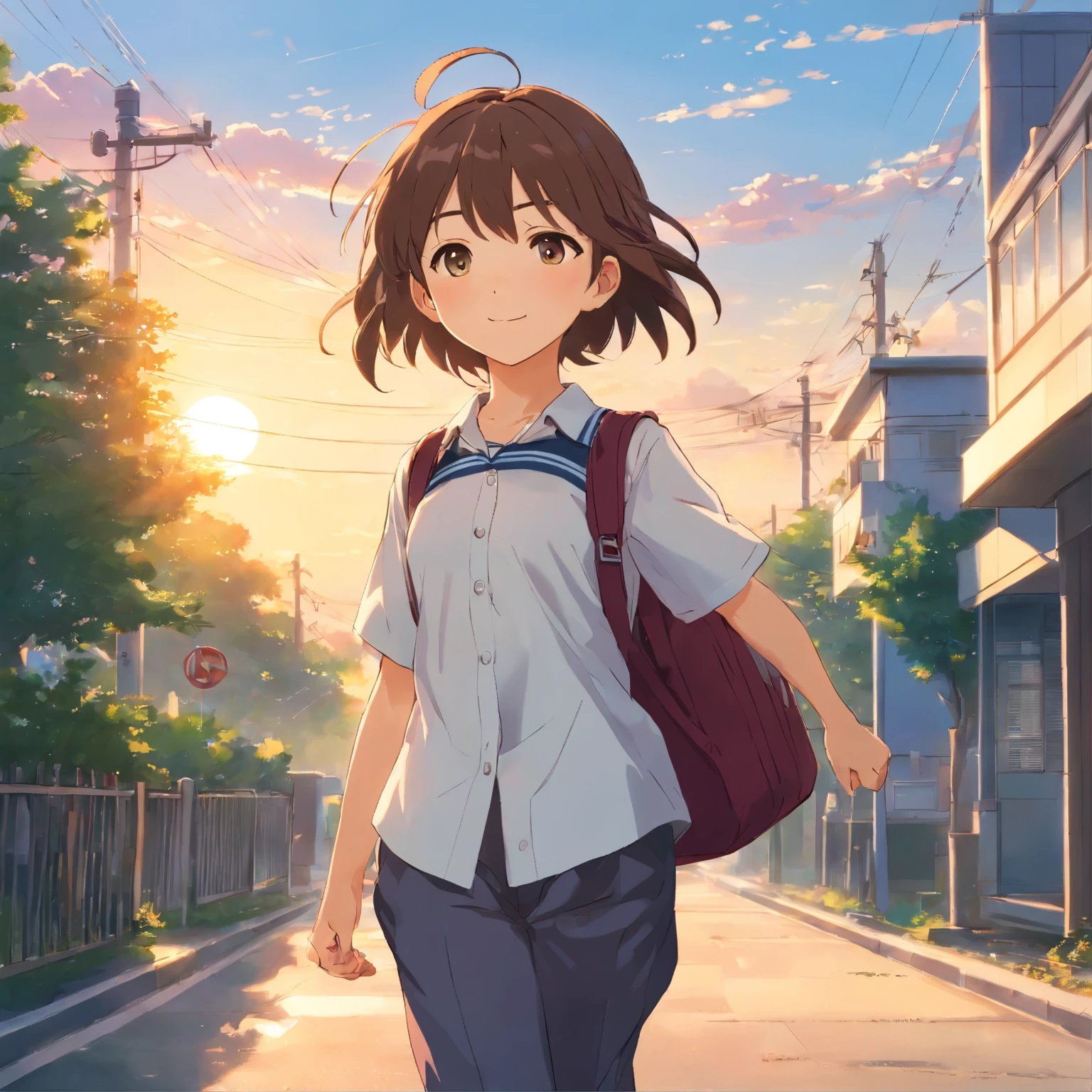 A cheerful  girl，Carrying a school bag，Hold the strap with both hands，Wear a white shirt, Dark sweatpants, and school uniforms，Welcome the rising sun，Walk towards the school