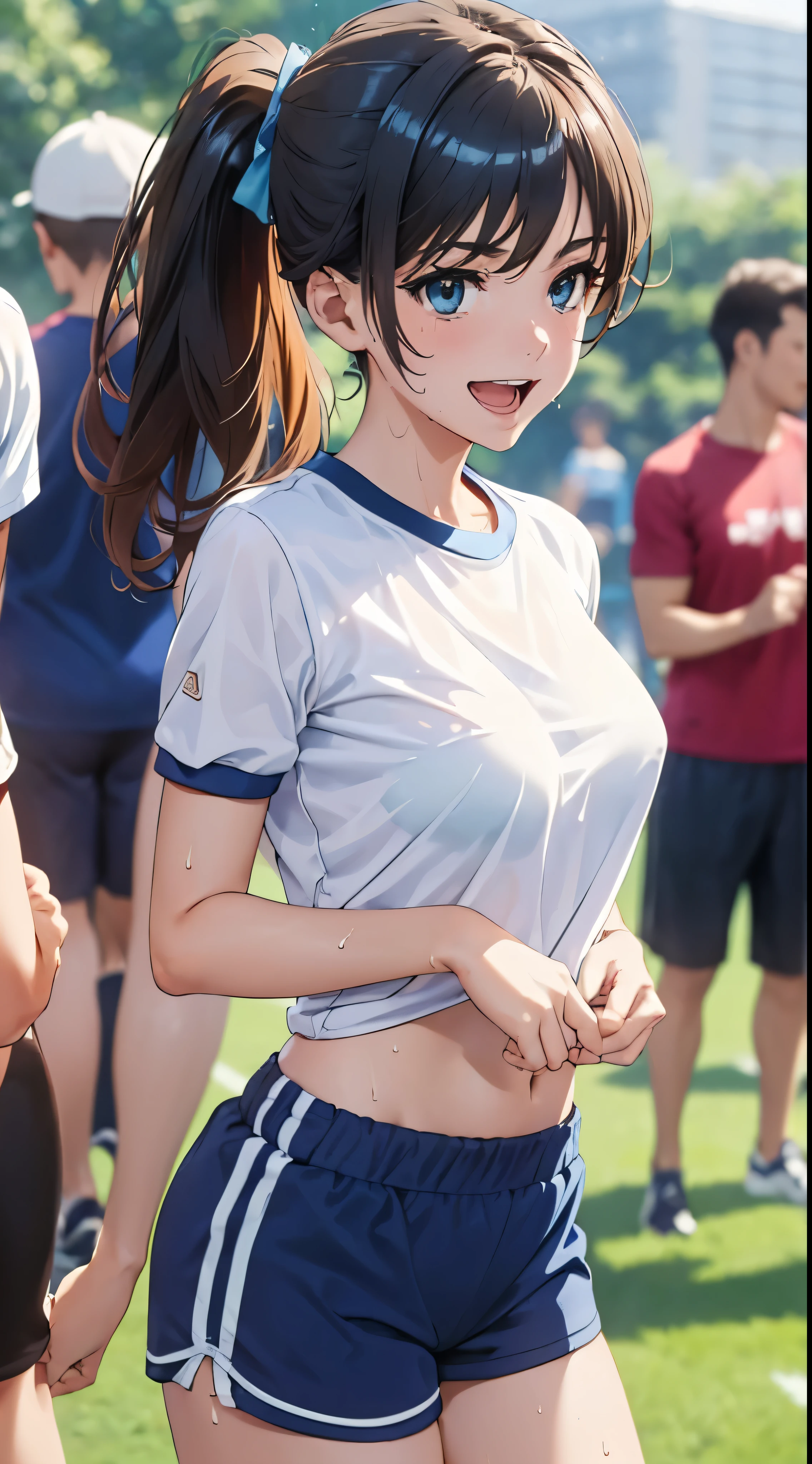 1womanl,Golden hair,14 year old beautiful breasts,(((Sexy white and blue shiny short sleeve gym clothes and shorts、Smile with open mouth)),((())),((( portlate))),Crowds,Shiny white short-sleeved gym uniform and blue pants,(Wet with sweat),((athletic field)),((see -through)),outside of house,(((clothes shiny))),Beautiful ponytail,(((Bra visible through T-shirt)))