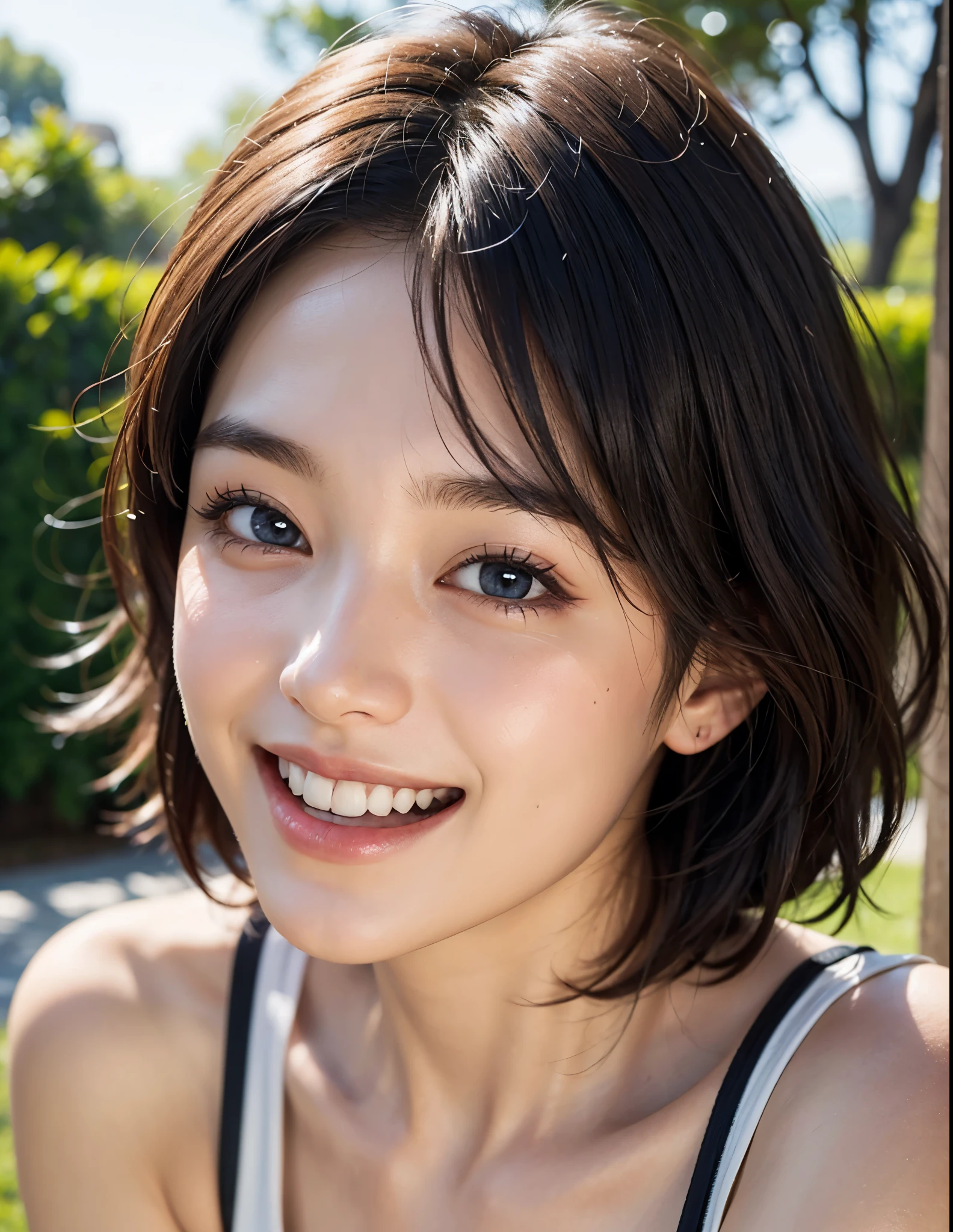 highest quality, masterpiece, ultra high resolution, (realistic:1.4), (portrait facing each other) Raw photo, 1 girl, 20-year-old,((K-POPアイドルコスチューム)),((very short hair)),((bangs, short hair, above the eyebrows)),((looking up at the viewer)),realistic,((Simple solid color background)), picture media chest)),((toothy smile)),