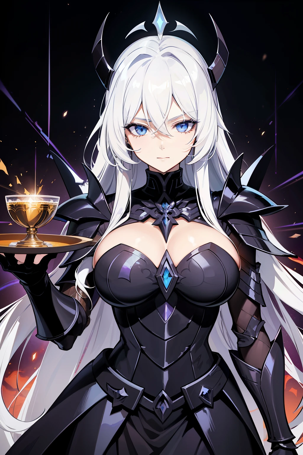 (high-quality, breathtaking),(expressive eyes, perfect face) 1female, girl , solo, young , white colored hair, orange coloured eyes, stylised hair, gentle smile, medium length hair, loose hair, side bangs, wavy hair, slightly narrow eyes, looking at viewer, portrait, greek, full plate armor, black onyx purple armor, purple saint seiya armor, black spectre armor, fantasy armor, Hades, armor like Thanatos saint seiya lost canvas, armor like Hypnos saint seiya lost canvas, Zagreus from Hades, Zagreus, D cup breast size