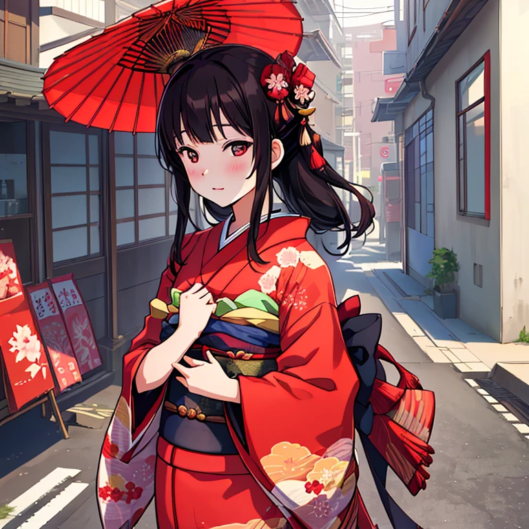 {Best Quality}, {very aesthetic}, {Ultra-detailed}, {Best Illustration}, japanese kimono, red kimono, In the street, A dark-haired