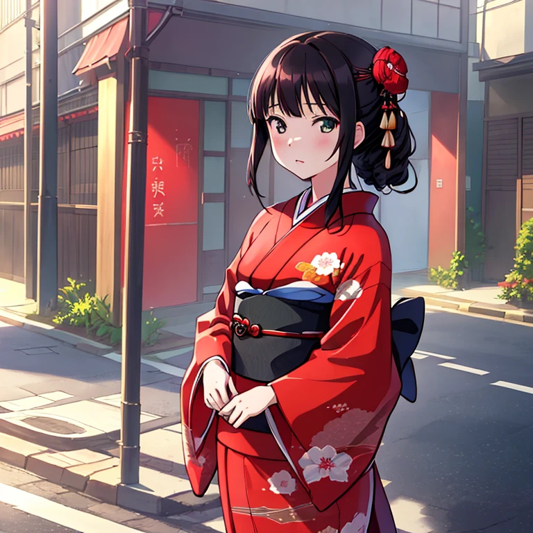 {Best Quality}, {very aesthetic}, {Ultra-detailed}, {Best Illustration}, japanese kimono, red kimono, In the street, A dark-haired
