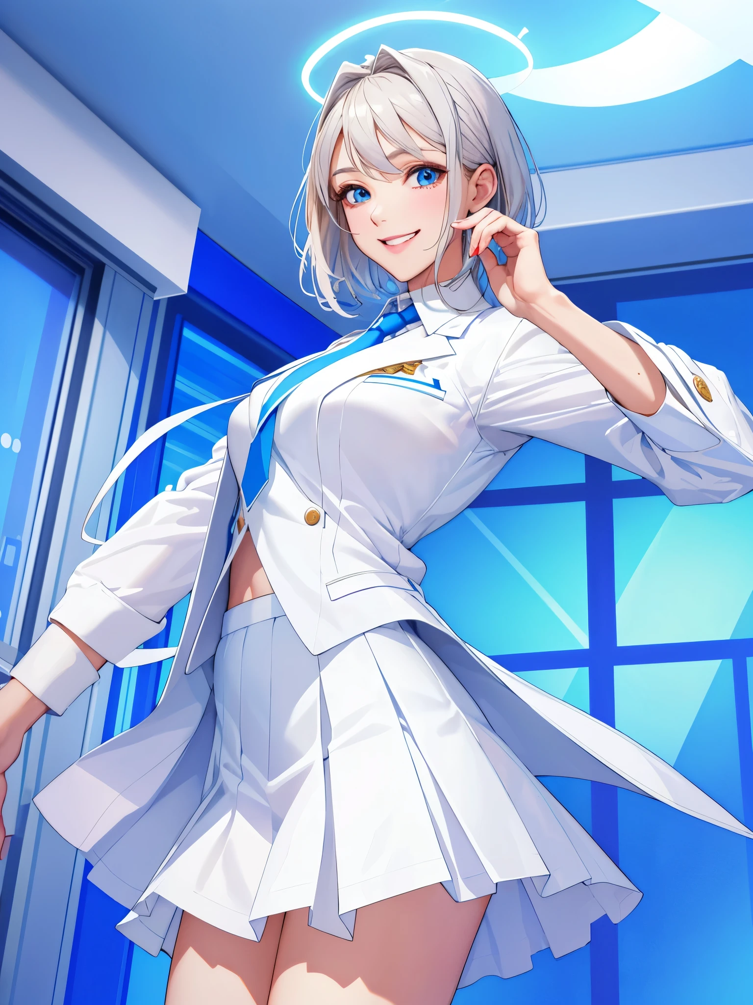 tmasterpiece, Best quality at best, ultra - detailed, 1 girl, aris, White jacket, white  shirt, a blue tie, pleatedskirt, The halo, Indoors, ssmile