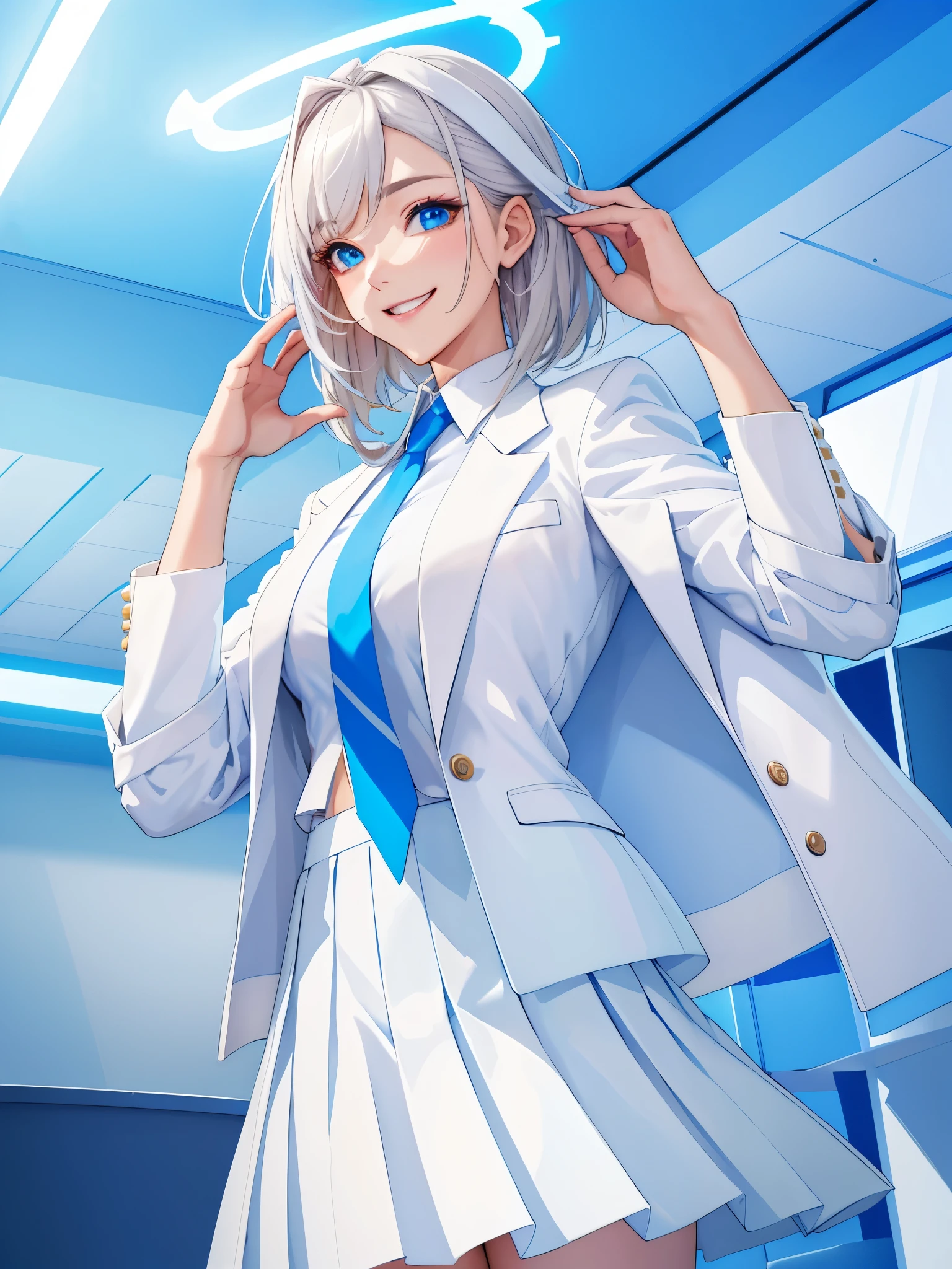 tmasterpiece, Best quality at best, ultra - detailed, 1 girl, aris, White jacket, white  shirt, a blue tie, pleatedskirt, The halo, Indoors, ssmile