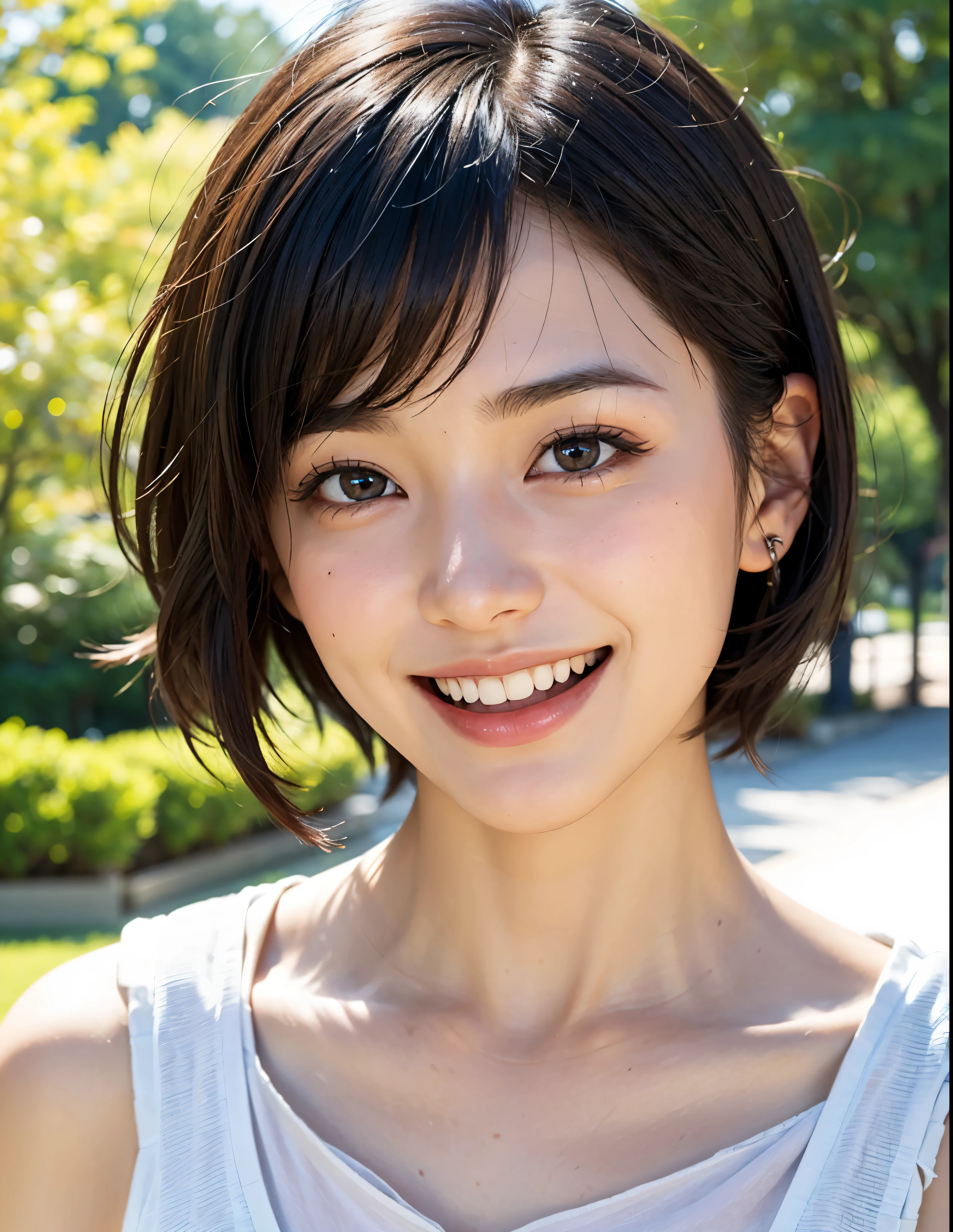 Best Quality, masutepiece, 超A high resolution, (Photorealistic:1.4), Face up、macro raw photo, 1girl in, KーPOP Idol, (short cut hair), A park with good weather during the day, Natural light lighting、Detailed eyes,(realisticeyes),delicated face,realsKin,detailed hairs,Detailed sKin,Beautiful face,((Smiling))、Showing teeth and smiling、((Happy smile))、((great laughter))、((Laughing with open mouth))