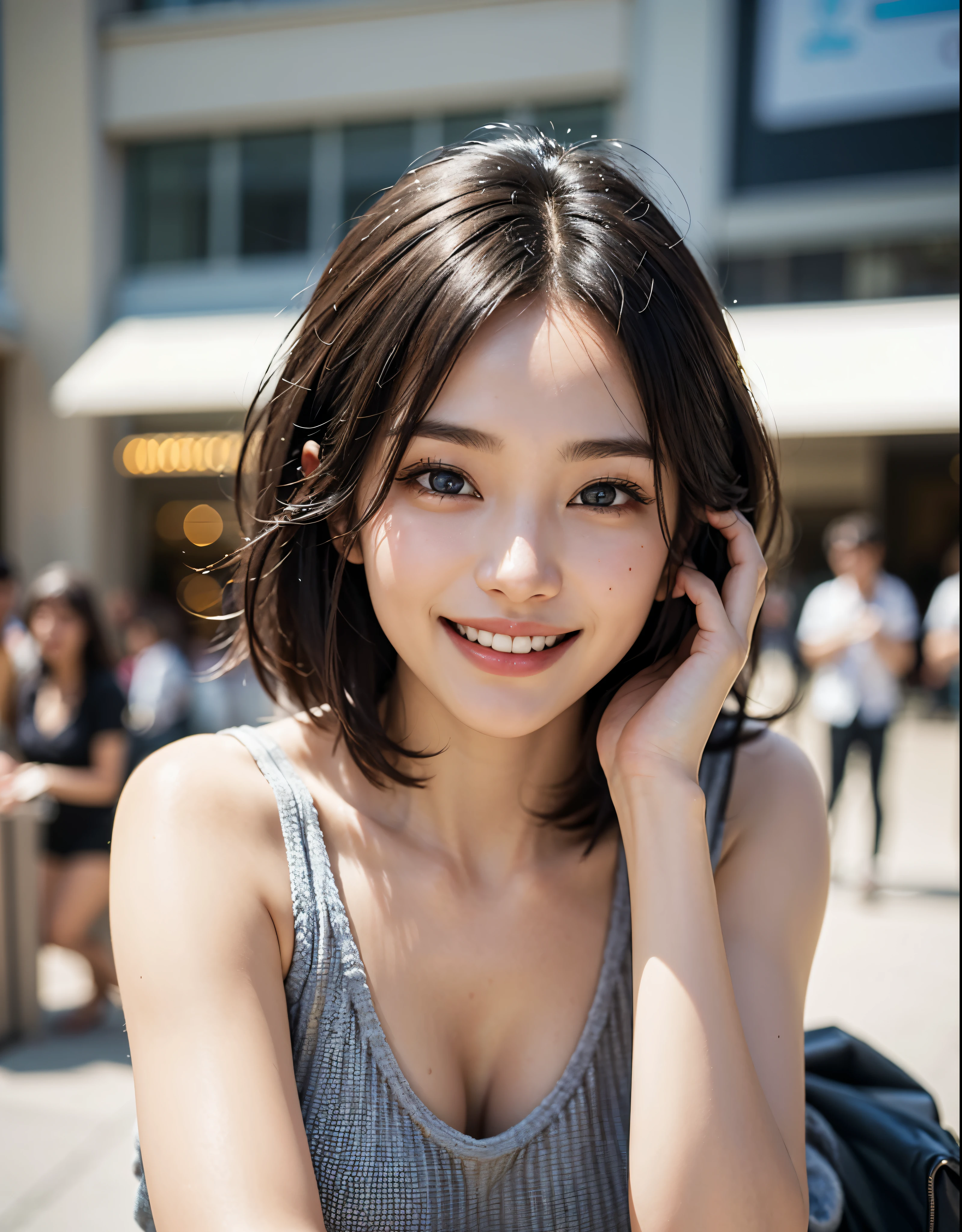 ((Close-up of the upper body only))、(realisitic、Photorealsitic、ultra-detailliert、Highest Details Skins、top-quality、masterpiece、超A high resolution)、Cute Japan Woman、18year old、hi-school girl、younggirl、1 girl in、I have bangs、二重まぶた、drooing eyes、Large black eyes、Japanese style face、Cute smile、Charming、purity、Straight face、double tooth、View here、Realistic skin type、the beach、The bikini、short-cut、Wheat-toned skin、moderately sized breasts