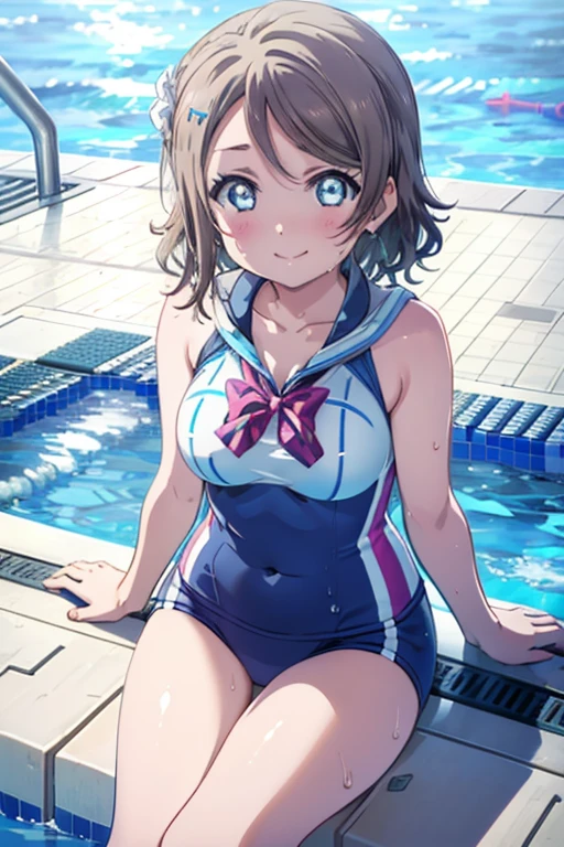 (((pixel perfect, Detail Perfect))), Solo, 1girl in, Watanabe, bowtie, Looking at Viewer, A smile，Happy atmosphere，Swimming Pool，in poolside，wearing a swimming wear, large full breasts, sitting, break, wet​