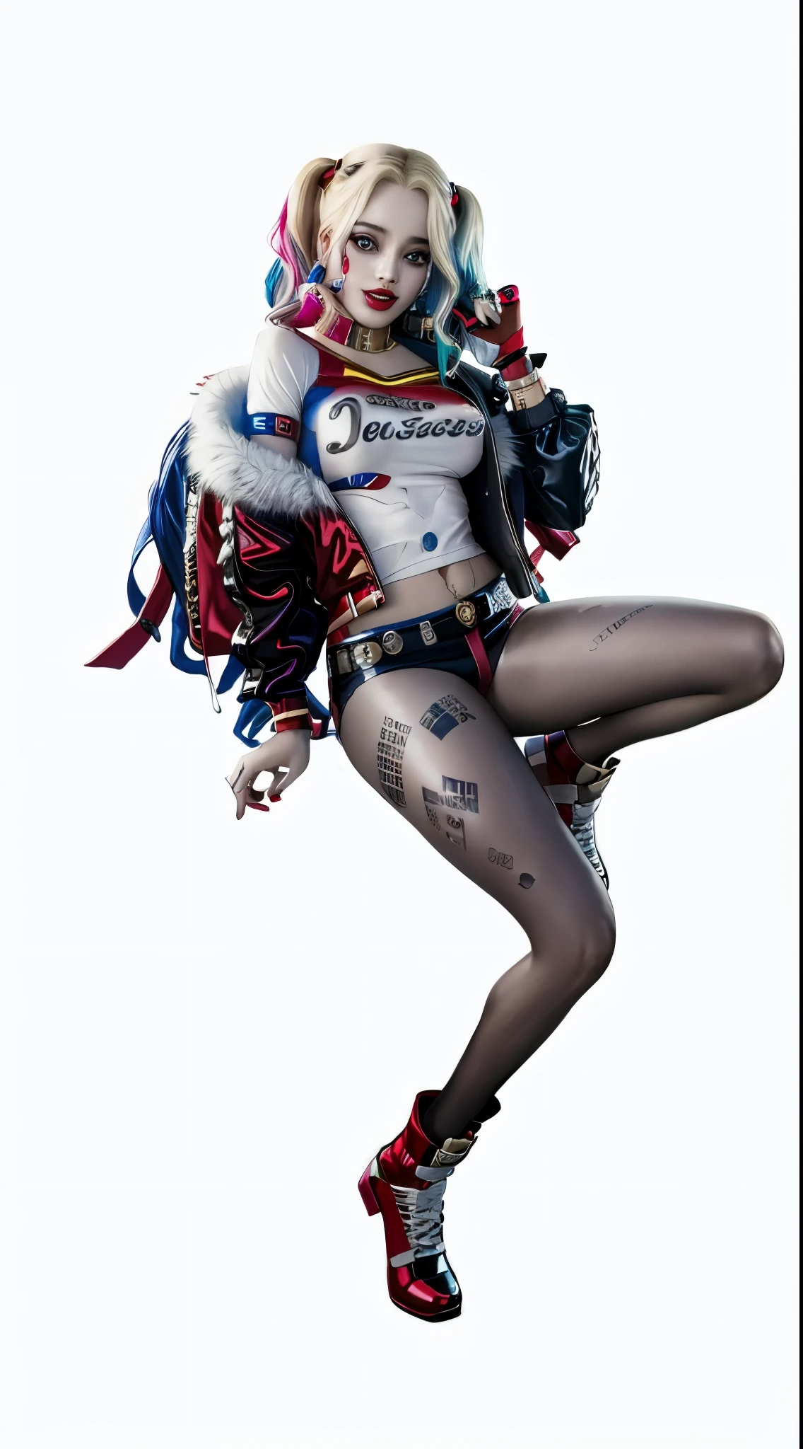 Harley Quinn, (Best quality at best, 4K, 8K, A high resolution, tmasterpiece:1.2), harley queen, Harley Quinn, Portrait of Harley Quinn,, high-heels, ultra - detailed, (actual, realistically, realistically:1.37),, Conceptual artist style, (realistically:1.2), (EndlessReality), (tmasterpiece:1.2), (Best quality at best), (hyper-detailing), (8K, 4K, Complex),