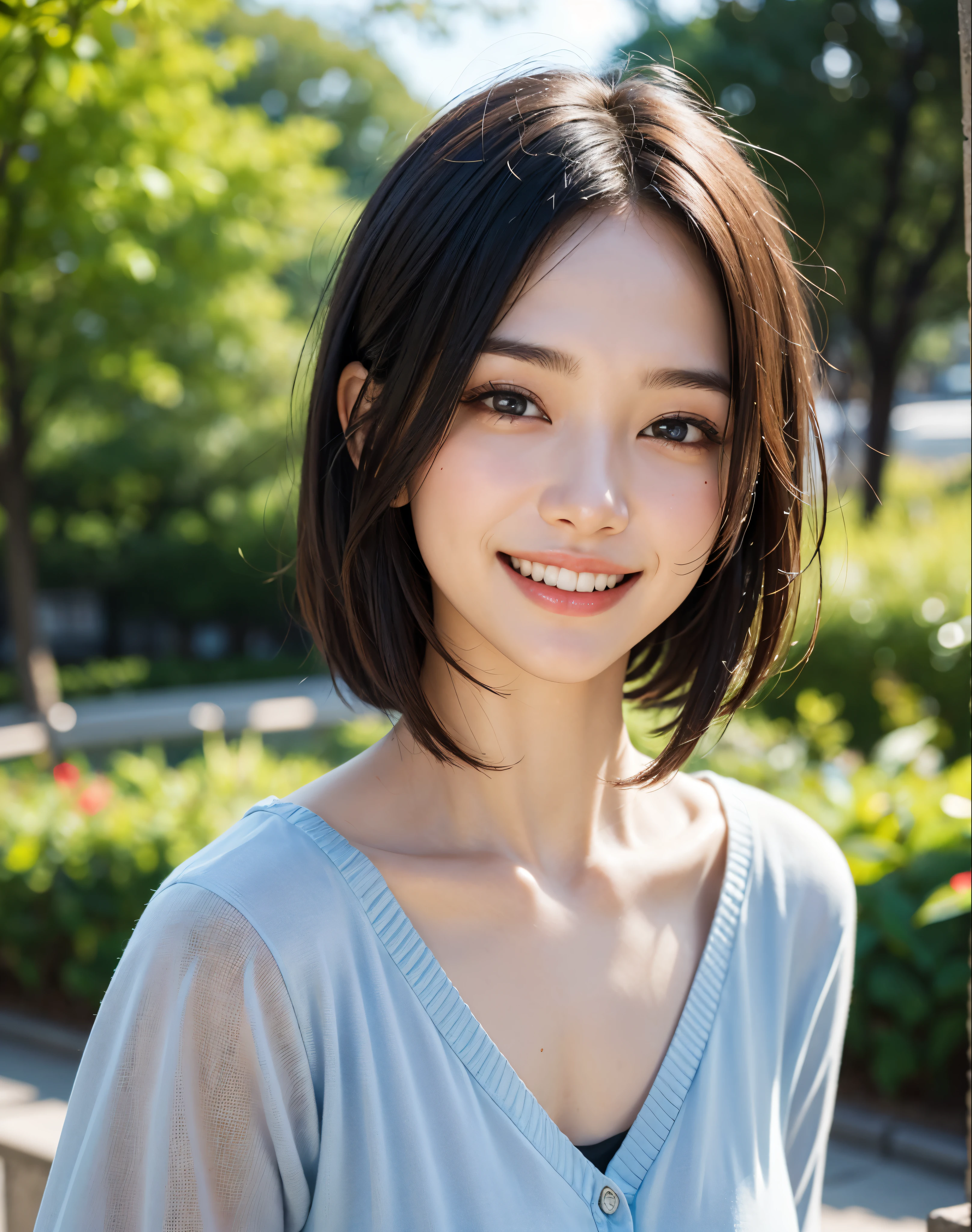 Best Quality, masutepiece, 超A high resolution, (Photorealistic:1.4), Face up、macro raw photo, 1girl in, KｰPOP Idol, (short cut hair), A park with good weather during the day,  Natural light lighting、Detailed eyes,(realisticeyes),delicated face,realsKin,detailed hairs,Detailed sKin,Beautiful face,((Smiling))、Showing teeth and smiling、((Happy smile))、((great laughter))、