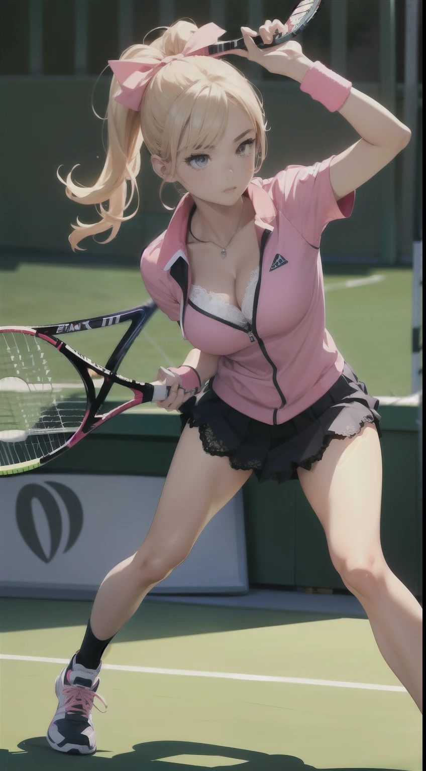 blonde long twintail hairstyle, busty, cleavage, (((Detailed tennis wear in pink color))), (full body Esbian)、tennis coat、bow ribbon、(Pose of the serve)、、Tennis、Serious face、Dynamism、tennis pro、professional serve、flashy serve、Cool、accurate depiction、high-level image quality、(black detailed lace lingerie)、(Lingerie is visible)、Detailed Pose、Ideal style