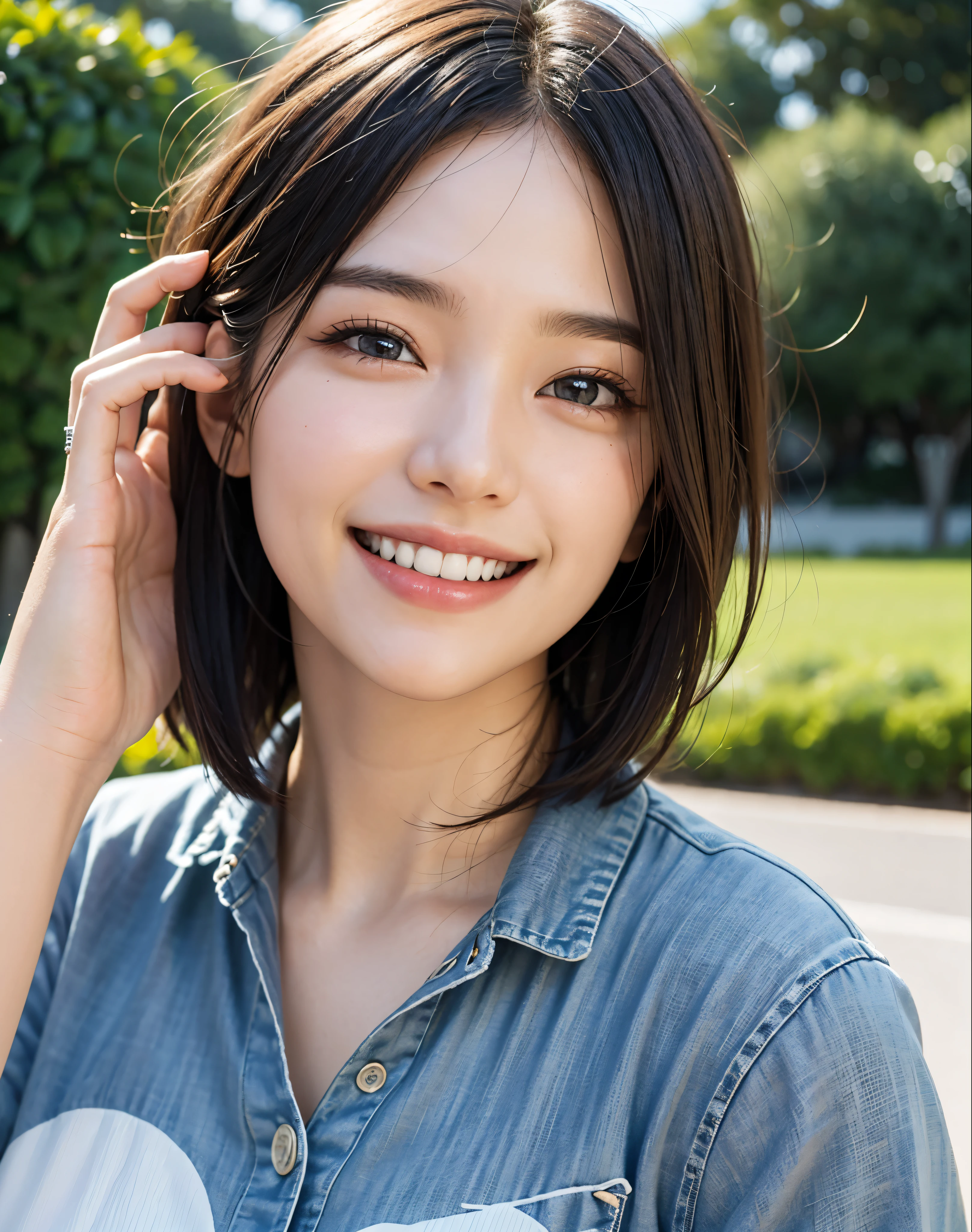 Best Quality, masutepiece, 超A high resolution, (Photorealistic:1.4), Face up、macro raw photo, 1girl in, KーPOP Idol, (short cut hair), A park with good weather during the day, Natural light lighting、Detailed eyes,(realisticeyes),delicated face,realsKin,detailed hairs,Detailed sKin,Beautiful face,((Smiling))、Showing teeth and smiling、((Happy smile))、((great laughter))、