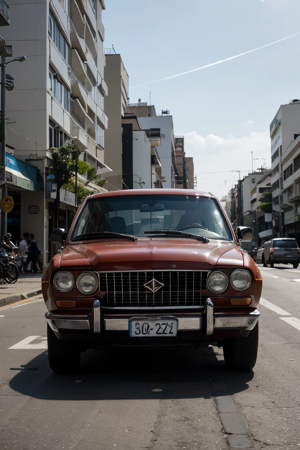 Red Maverick parked on a busy street in São Paulo with tinted windows