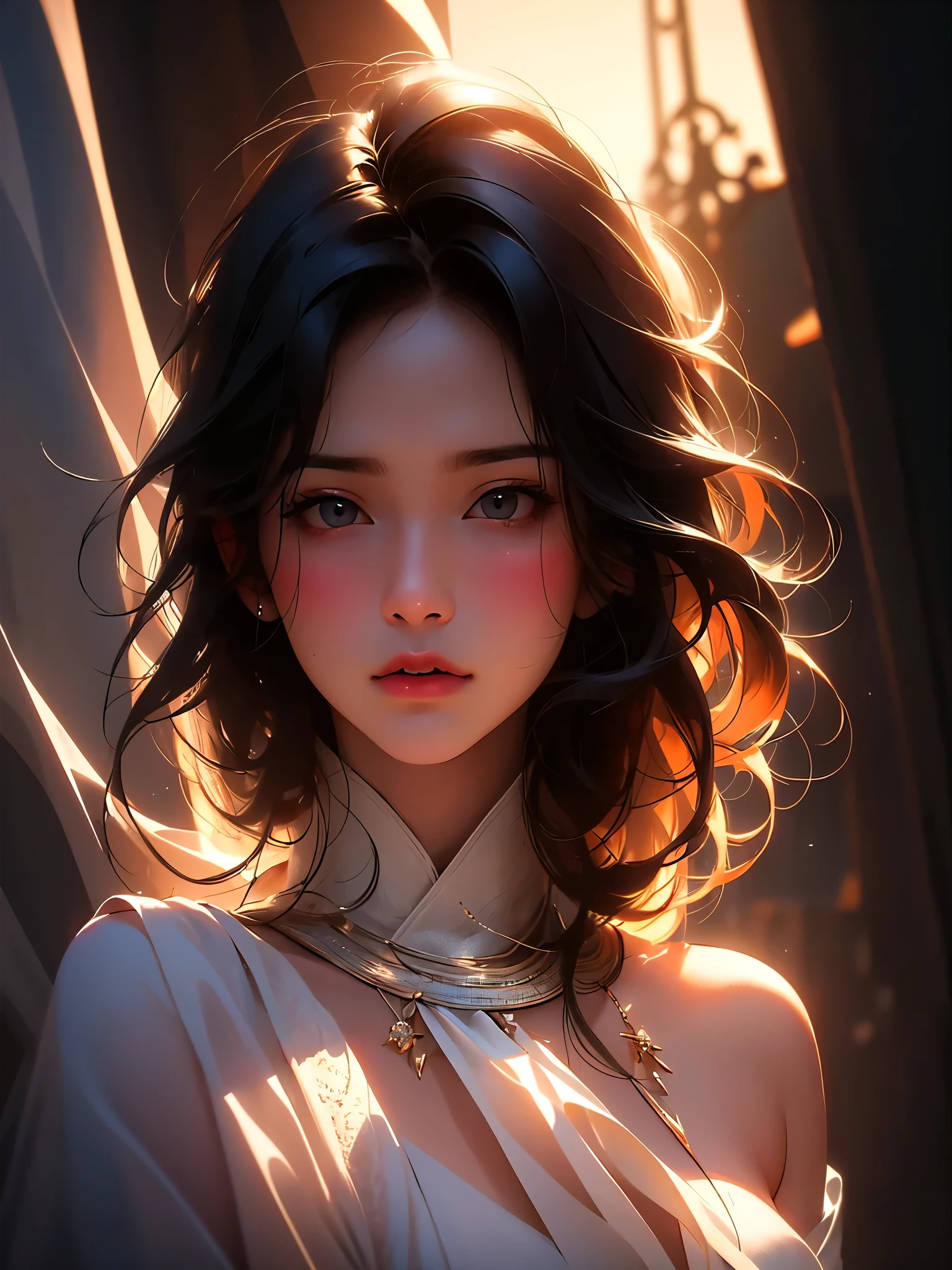 (highres,best quality,realistic),(portrait,concept artists),girl,beautiful silhouette,backlight,sharp shadows,subtle highlights,warm color tones,sleek hair,graceful pose,delicate features,serene expression,ethereal,subtle details,thoughtful gaze,gentle atmosphere,dreamlike background,blurred surroundings,artistic composition,visual storytelling