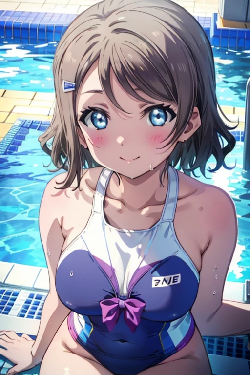 (((pixel perfect, Detail Perfect))), Solo, 1girl in, Watanabe, bowtie, Looking at Viewer, A smile，Happy atmosphere，Swimming pool，in poolside，Wearing a competitive swimsuit, large full breasts, Sitting, BREAK, wet​