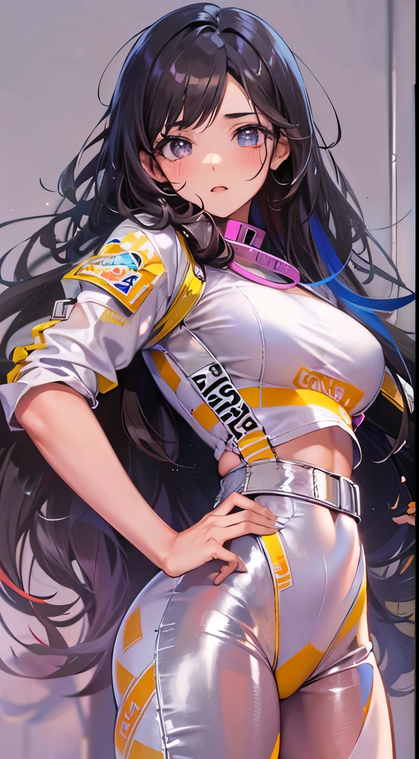 ((Obra maestra)), La mejor calidad, absurdos, Ultra detallado, holographic, Disparo de vaquero, golden ratio, Super cute girl, Chica madura, idol girl, Super beautiful Asian girl with very beautiful violet bright eyes, beautiful multicolored shiny brown hair, Cola de caballo alta, bueno y , cuerpo delgado, cuerpo perfecto, Using a super tight anime print leotard, Un anime impreso super apretado fuera de los hombros manga larga crop top, A super aesthetic transparent mini jacket, hermoso adorno para el cabello, Tenis Pink Jordan, Siendo fotografiada en una tienda del centro comercial con su guapo novio flaco, con cabello negro desordenado y brillante, and super casual clothing