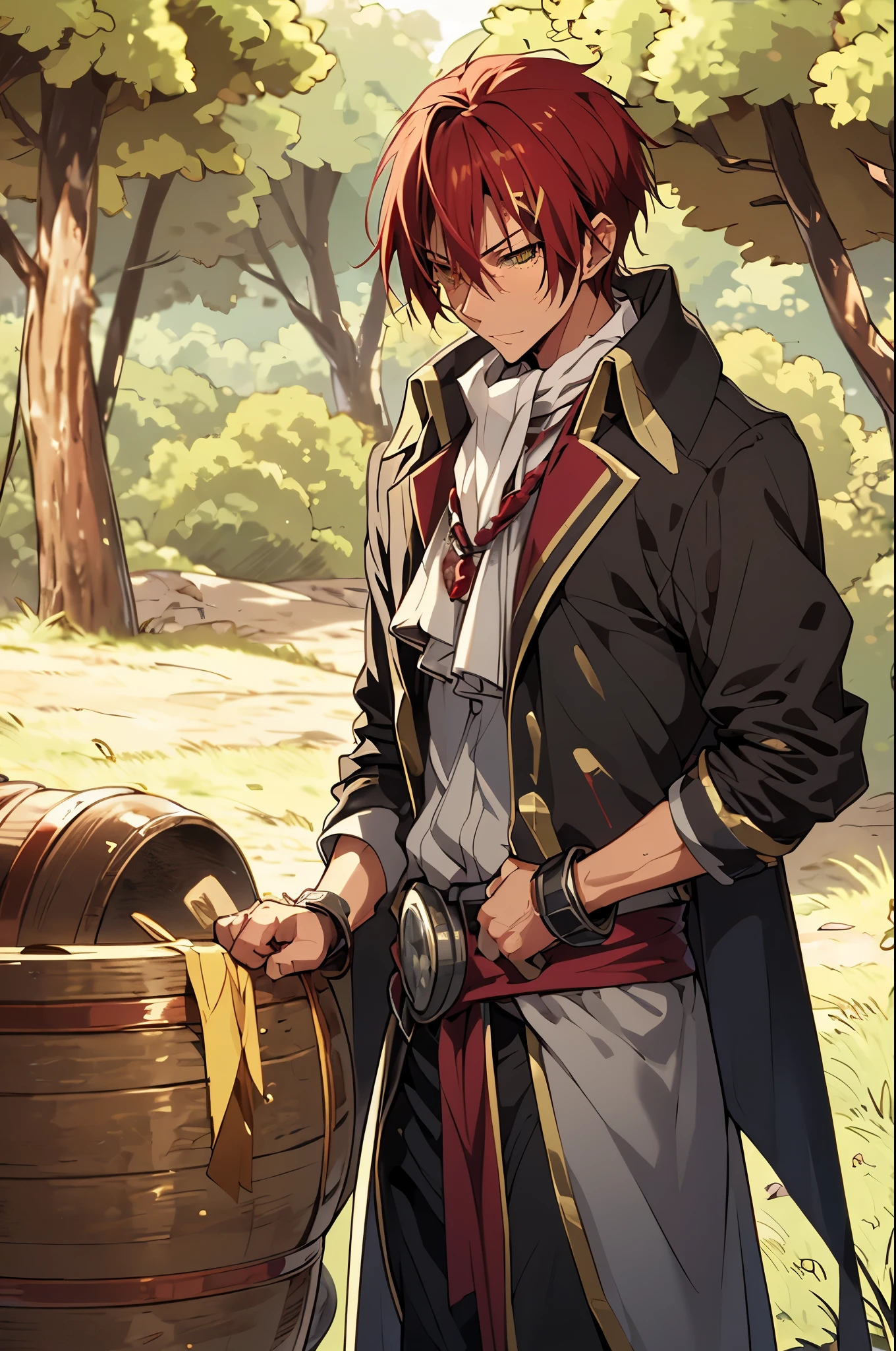 8K, Best Quality, Ultra High Resolution, (best quality, high quality), (short length red hair,), deep green eyes, 1guy, red hair, one ear piercing, toned, short spiked red hair, broad shoulders, muscular, solo, defined muscles, fit, teenage boy, fantasy, badass, villain, bandit, cocky attitude, bandit attire, tall stature, diablo, handsome, suave, bad boy, wearing a long necklace, rough outfit on, outside, out in the wastelands, in a wasteland, badlands, bandits land, barrens, wilderness, outback, marauder, manly