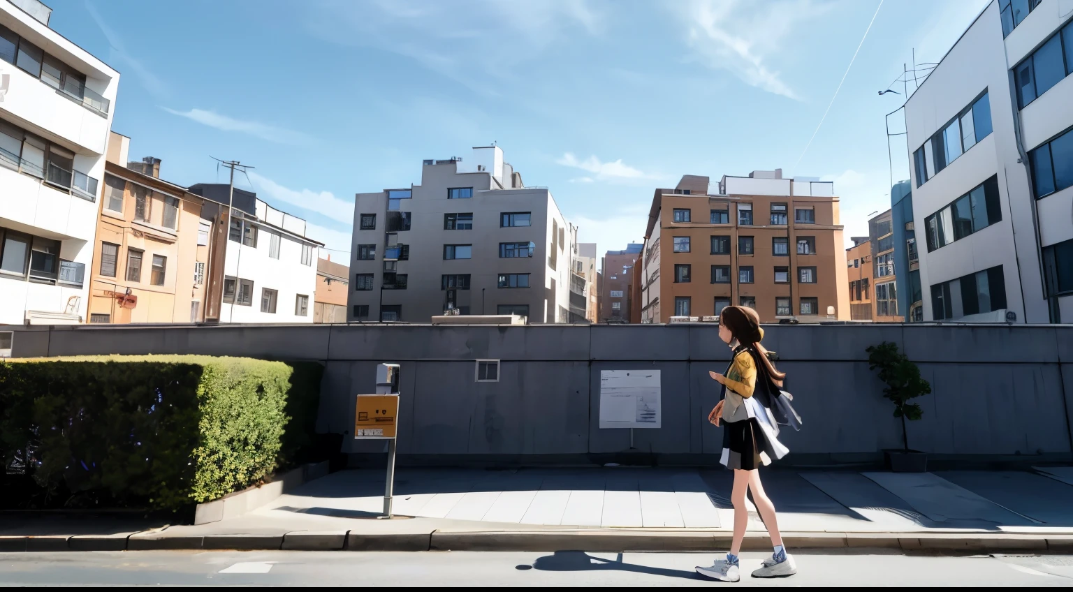 zoom out wide angle shot side profile of girl in distance side profile walking in front of buildings side profile of girl