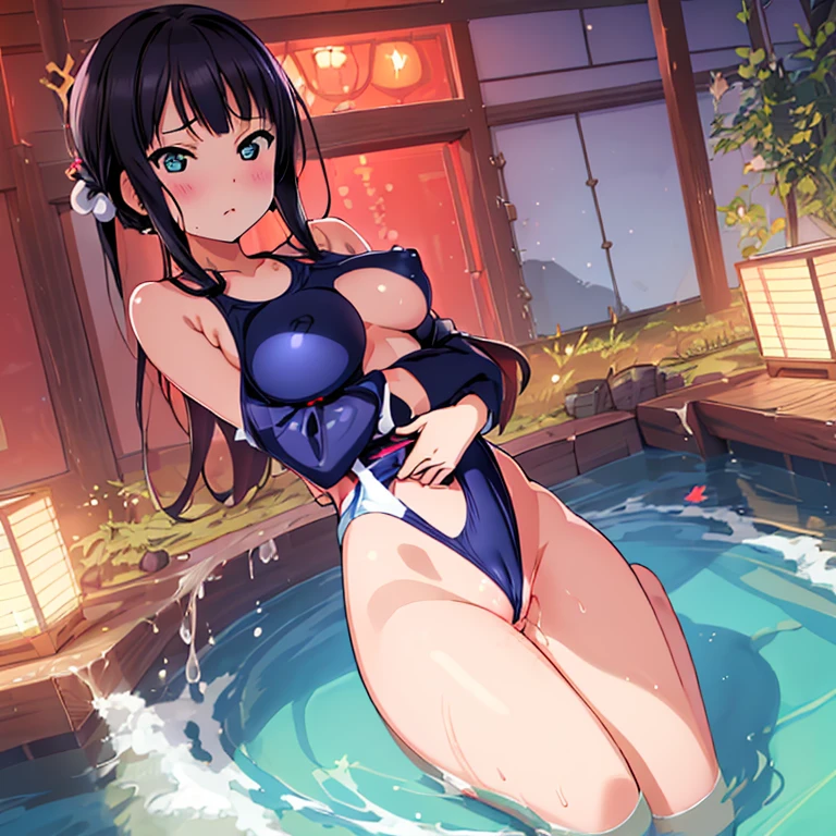 {Best Quality}, {very aesthetic}, {Ultra-detailed}, {Best Illustration}, nsfw, Navy blue swimsuit, Japan Student Swimsuit, One Piece Swimsuit, tits out, {nude}, Lots of love juice, Pussy, A dark-haired