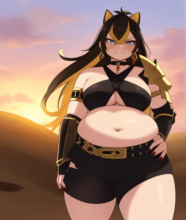 ((masterpiece)), (best quality:1.7), (detailed:1.4), (high res:1.4), 8k, (colorful:1.5), 2d, high resolution, sharped image, 4k, hd, obese dehya_genshin, obese 1girl, (((solo))), black hair, long hair, blue eyes, smile, obese middle body, big breasts, blonde bangs, cat ears, ((middle body)), black pants, shirt, navel, torn clothes, cowboy shot, (((jewelry))), black gloves, (((armor))), thighs, collarbone, official custome, armor choker, desert, cleavage, parted lips, streaked hair, midriff, hair intakes, dark-skinned female, halterneck, armlet, black gloves, ((criss-cross halter)), torn clothes, belt, red nails, nail polish, (((armor armlet))), fingerless glove, two tones breasts, ((thighs)), angry, serious, close mouth, narrow eyes, eyeliner, ((looking at viewer)), red breasts, ((bare legs)), sunset, glove with claws, hands on own hips, (((shoulders armor))), bracelet armor, belt armor, (earrings), gold chain, ornaments, ((partial blonde hair)),