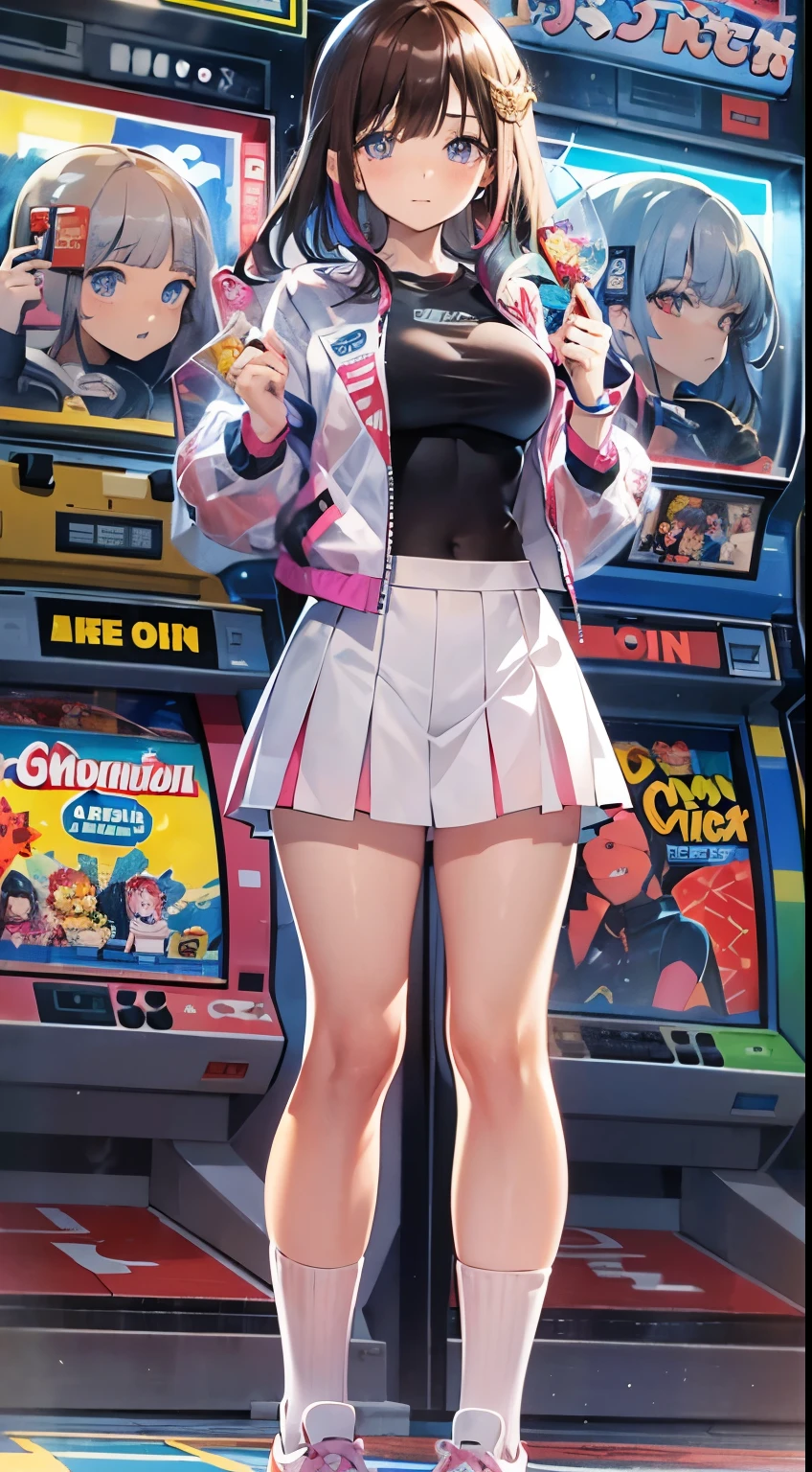 ((Obra maestra)), La mejor calidad, absurdos, Ultra detallado, holographic, Disparo de vaquero, golden ratio, Super cute girl, Chica madura, idol girl, Super beautiful Asian girl with very beautiful violet bright eyes, beautiful multicolored shiny brown hair, Cola de caballo alta, bueno y , cuerpo delgado, cuerpo perfecto, Using a super tight anime print leotard, Un anime impreso super apretado fuera de los hombros manga larga crop top, A super aesthetic transparent mini jacket, hermoso adorno para el cabello, Tenis Pink Jordan, jugando con su guapo novio flaco otaku, con cabello negro desordenado y brillante, en los juegos de arcade