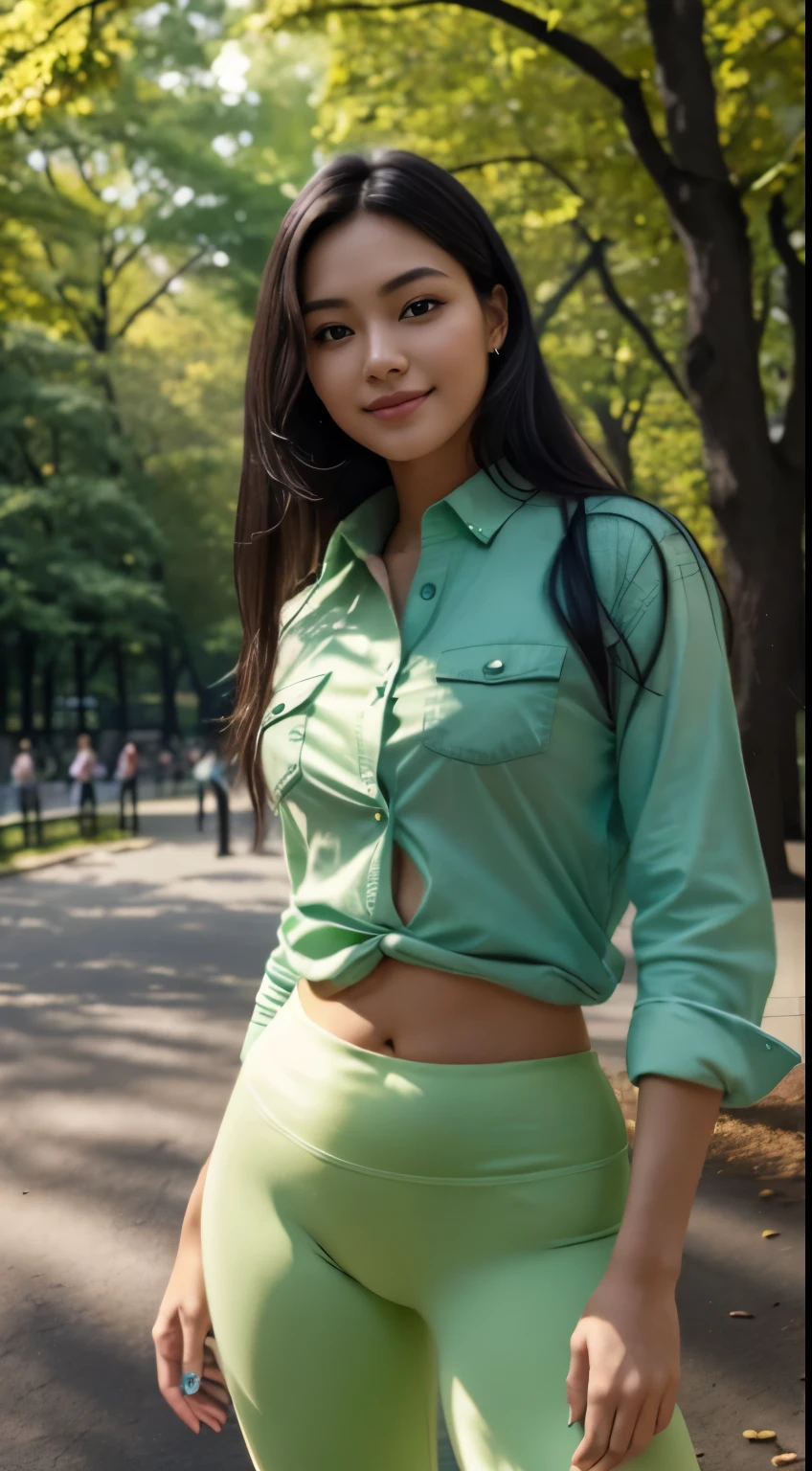Foto hiperrealista en primer plano de Kim Joo, masterpiece, best quality, (photorealistic:1.4), full body, (light green casual button up long shirt:1.2) and (light light green yoga pants:1.2), New York Central Park, cinematic light, beautiful woman, skinny, large big breasts, black long hair, detailed face, smile, facing the camera, photo taken from a distance, age of 25 years old
