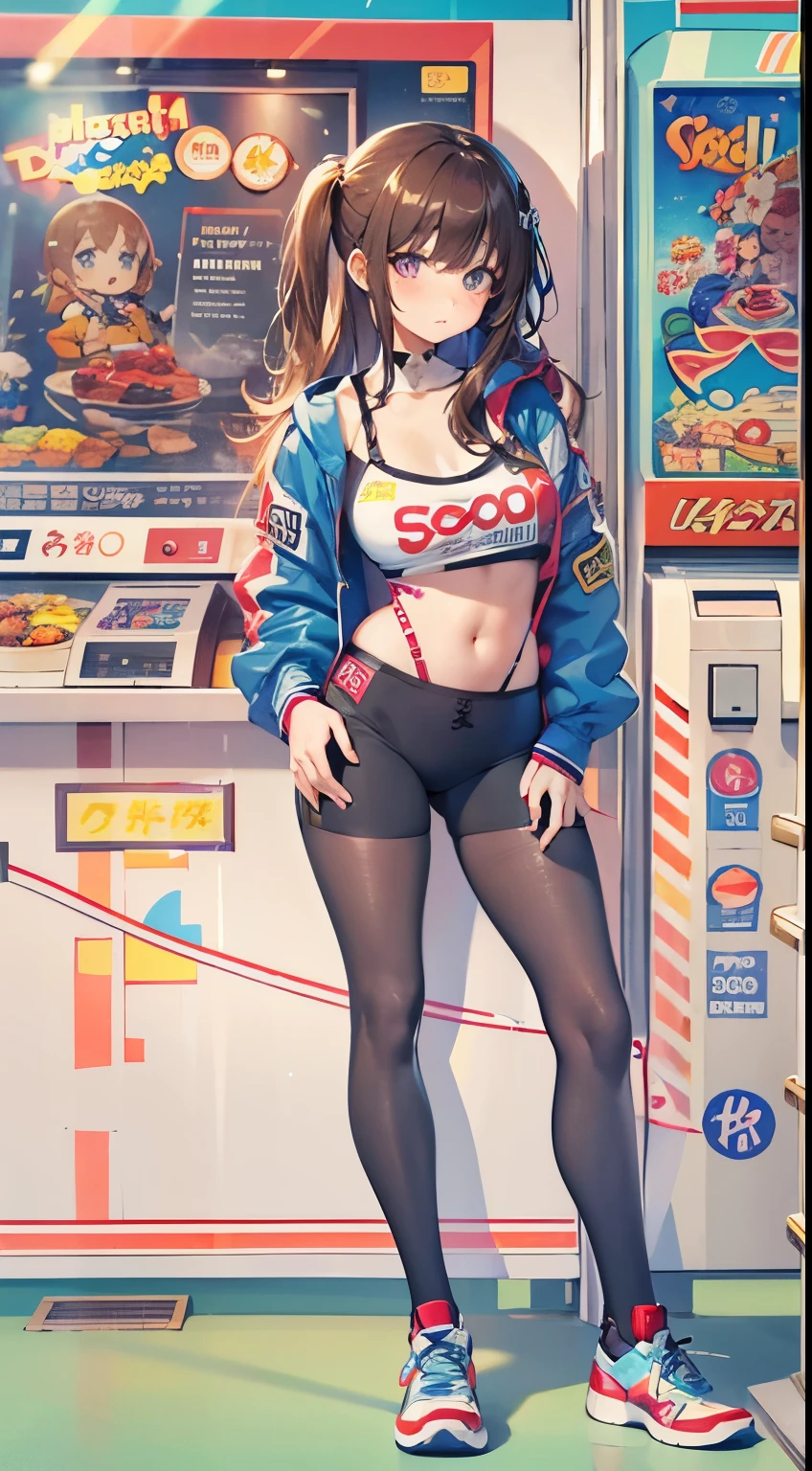 ((Obra maestra)), La mejor calidad, absurdos, Ultra detallado, holographic, Disparo de vaquero, golden ratio, Super cute girl, Chica madura, idol girl, Super beautiful Asian girl with very beautiful violet bright eyes, beautiful multicolored shiny brown hair, Cola de caballo alta, bueno y , cuerpo delgado, cuerpo perfecto, Using a super tight anime print leotard, Un anime impreso super apretado fuera de los hombros manga larga crop top, A super aesthetic transparent mini jacket, hermoso adorno para el cabello, Tenis Pink Jordan, jugando con su guapo novio flaco otaku, con cabello ????? desordenado y brillante, en los juegos de arcade