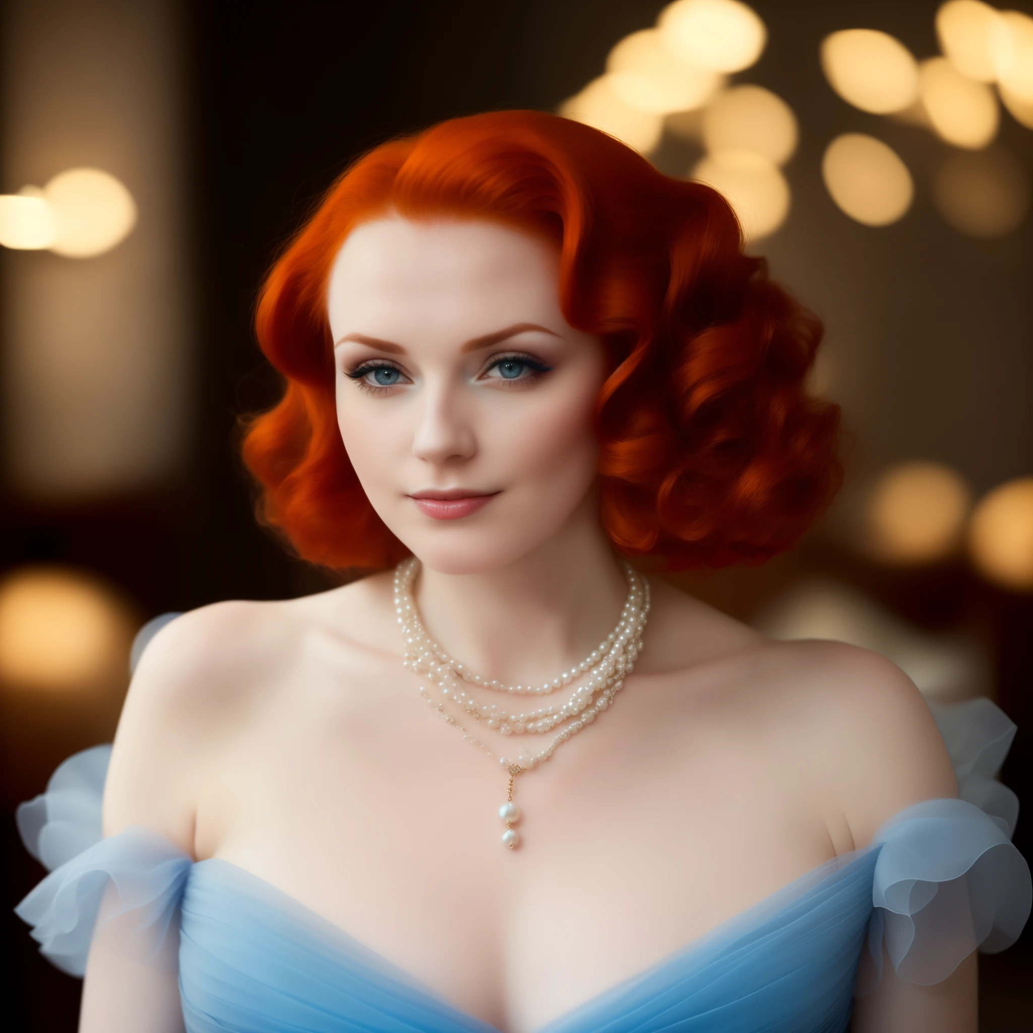 a close up of a woman wearing a blue dress and a necklace, beautiful redhead woman, opulent pearl necklace, redhead woman, luxurious neckless, soft portrait shot 8 k, soft flawless pale skin, a redheaded young woman, pearl necklace, amouranth, wearing elegant jewellery, close portrait, elegant portrait, stunning elegant, photo of a beautiful woman