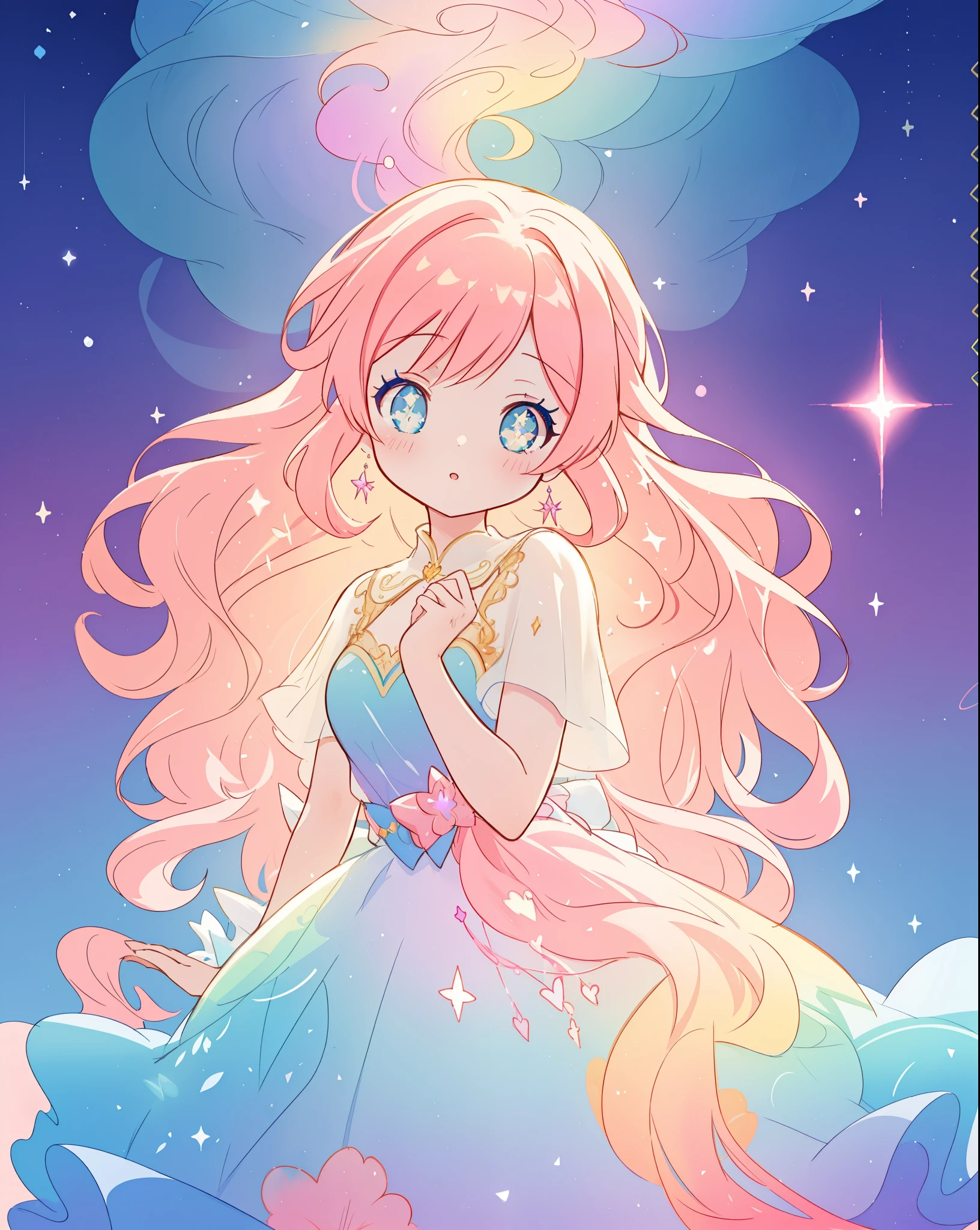 beautiful girl in sparkling gradient ballgown, long wavy peach pink hair, vibrant pastel colors, (colorful), colorful watercolor background, ethereal, magical lights, sparkling liquid light, inspired by Glen Keane, inspired by Lois van Baarle, disney art style, by Lois van Baarle, glowing aura around her, by Glen Keane, jen bartel, glowing lights! digital painting, flowing glowing hair, glowing flowing hair, beautiful digital illustration, fantasia background, whimsical, magical, fantasy, beautiful face, ((masterpiece, best quality)), intricate details, highly detailed, sharp focus, 8k resolution, sparkling detailed eyes, liquid watercolor