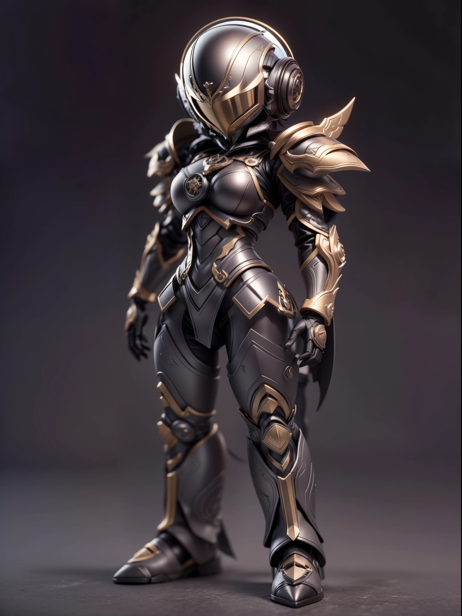 (Blind box toy style:1.2), (Full body shot) , 1 Mechanical Angel ,anatomy correct,Black-gray metal winglack-gray armor, hooding:1.2, Solo,(circular base:1.2), Baroque style, dreamy glow, Clean, Brown undertone, Battle damage style:1.2,Black gold style ( Clean background,Global illumination, Ray traching, hdr, unreal render,reasonable design, high detal, Masterpiece, Best quality, hyper HD, Cinematic lighting)