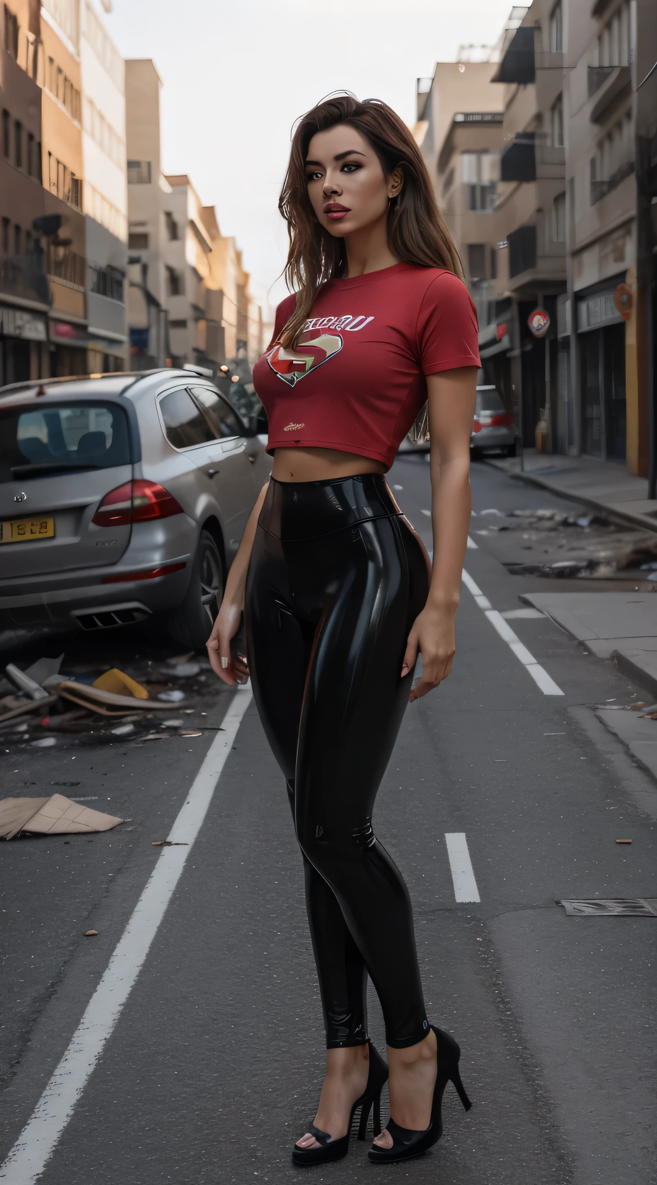 full body superheroine standing on a deserted street of a deserted city, burnt out buildings, burnt out cars, full figure, very long brown hair, blue bewitching eyes, full red lips, white skin, body-hugging black latex leggings, red short t-shirt, wearing black stilettos, ultra-realistic skin texture, sensual curves, sensual gaze, high quality, cinematic, photo-realistic, ultra-realistic, highest definition, extremely intricate details, vivid neon colors, sony A7III, 35mm, f/1.4 , iso 100 8k