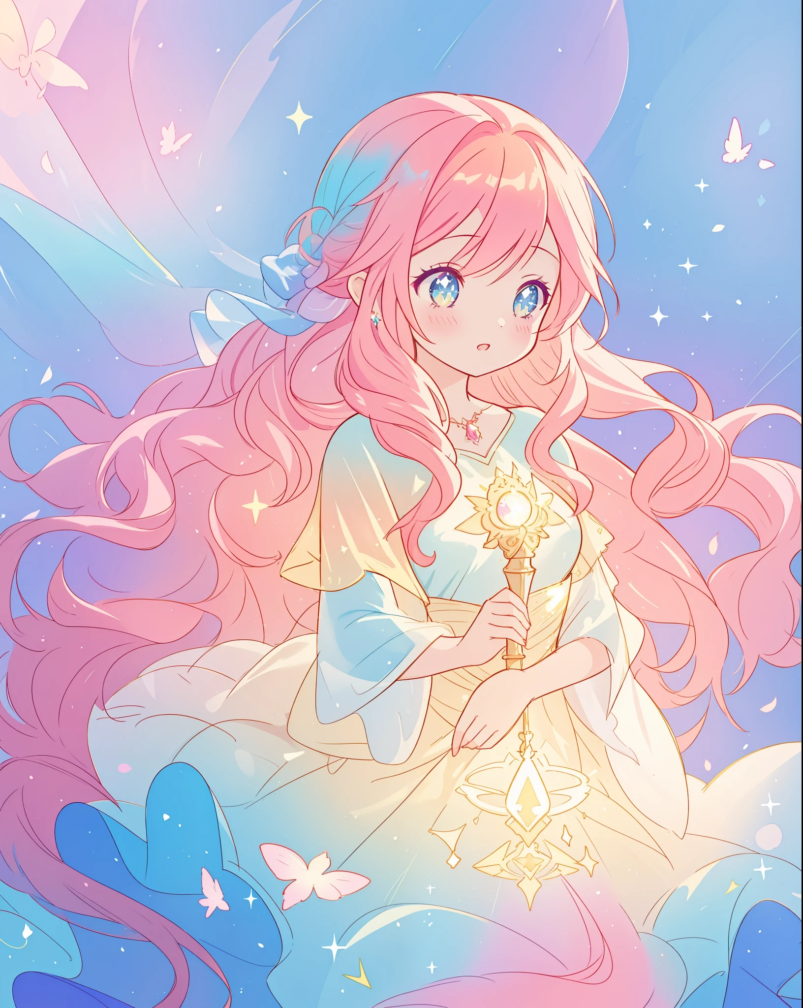 beautiful girl in sparkling gradient ballgown, long wavy peach pink hair, vibrant pastel colors, (colorful), colorful watercolor background, ethereal, magical lights, sparkling liquid light, inspired by Glen Keane, inspired by Lois van Baarle, disney art style, by Lois van Baarle, glowing aura around her, by Glen Keane, jen bartel, glowing lights! digital painting, flowing glowing hair, glowing flowing hair, beautiful digital illustration, fantasia background, whimsical, magical, fantasy, beautiful face, ((masterpiece, best quality)), intricate details, highly detailed, sharp focus, 8k resolution, sparkling detailed eyes, liquid watercolor