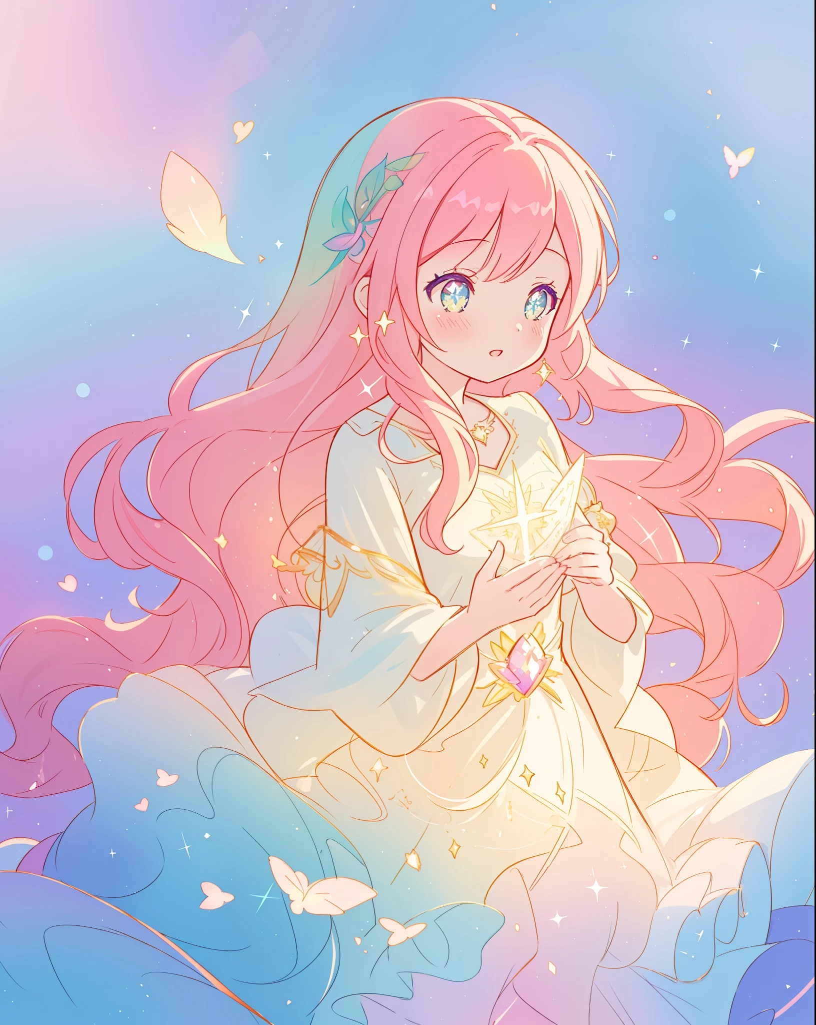 beautiful girl in sparkling gradient ballgown, long wavy peach pink hair, vibrant pastel colors, (colorful), colorful watercolor background, ethereal, magical lights, sparkling liquid light, inspired by Glen Keane, inspired by Lois van Baarle, disney art style, by Lois van Baarle, glowing aura around her, by Glen Keane, jen bartel, glowing lights! digital painting, flowing glowing hair, glowing flowing hair, beautiful digital illustration, fantasia background, whimsical, magical, fantasy, beautiful face, ((masterpiece, best quality)), intricate details, highly detailed, sharp focus, 8k resolution, sparkling detailed eyes, liquid watercolor