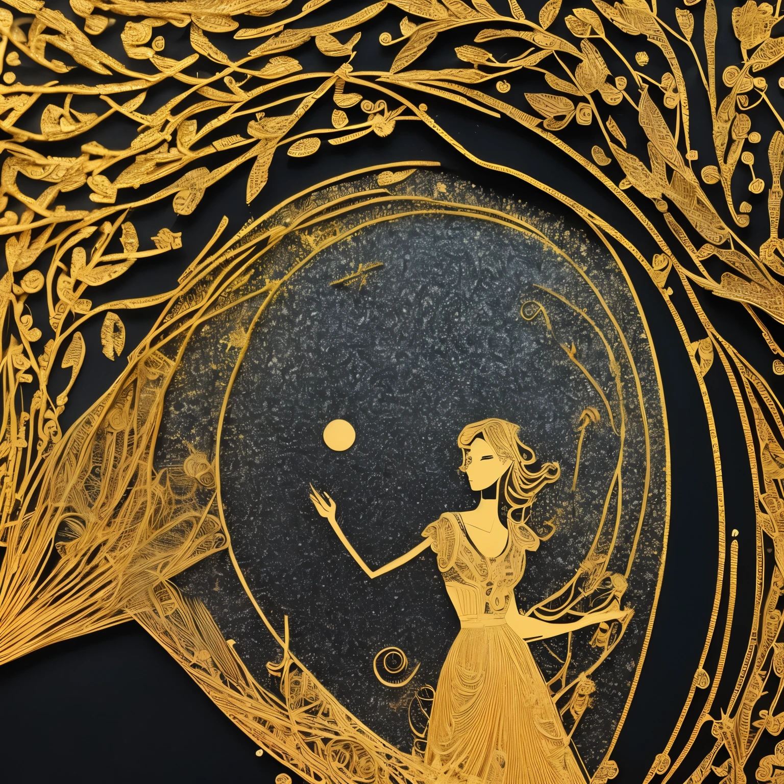 best quality, 32k, RAW photo, incredibly absurdres, extremely detailed, beautiful and mysterious silhouette art of a woman, a black background with gold glitter, and a flower garden made of finely shredded colorful colored paper around it, delicate, flashy and dynamic depiction