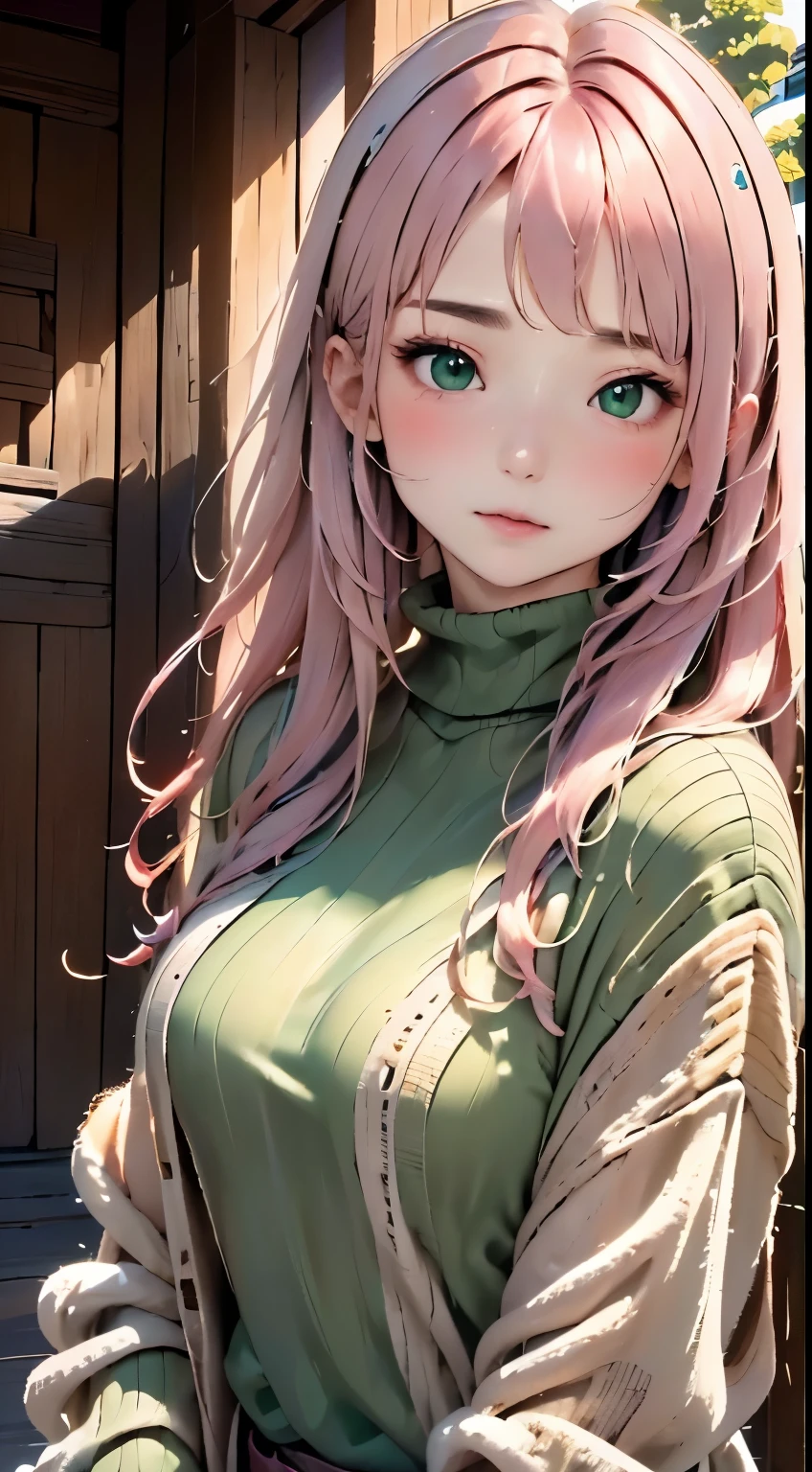 (((Pink hair,Green eyes,,,,beautiful rocket:1.2,))))((beautiful And detailed knitted sweater,,))(Blushing), (Geometric:1.1), ((1girl in,amazing,adorable girl,Solo,bustshot,))(masutepiece,Best Quality, Beautiful And aesthetic:1.2),(16 K,hard disk,time),((drooping chest,Small breasts)),(Physically-based rendering),Sharp Focus, (((highdetailskin,))),Intricately detailed clothing，Delicate pupils,((((The sheenの髪|detailed hairs|half bang|Long hair)))),(masterpiece sidelighting),(The sheen),(Beautiful hair,beatiful backgroundtremely_Detailed_Eyes_And_Face)),Movie girl,(Dynamic Posture: 1.2),Brilliant